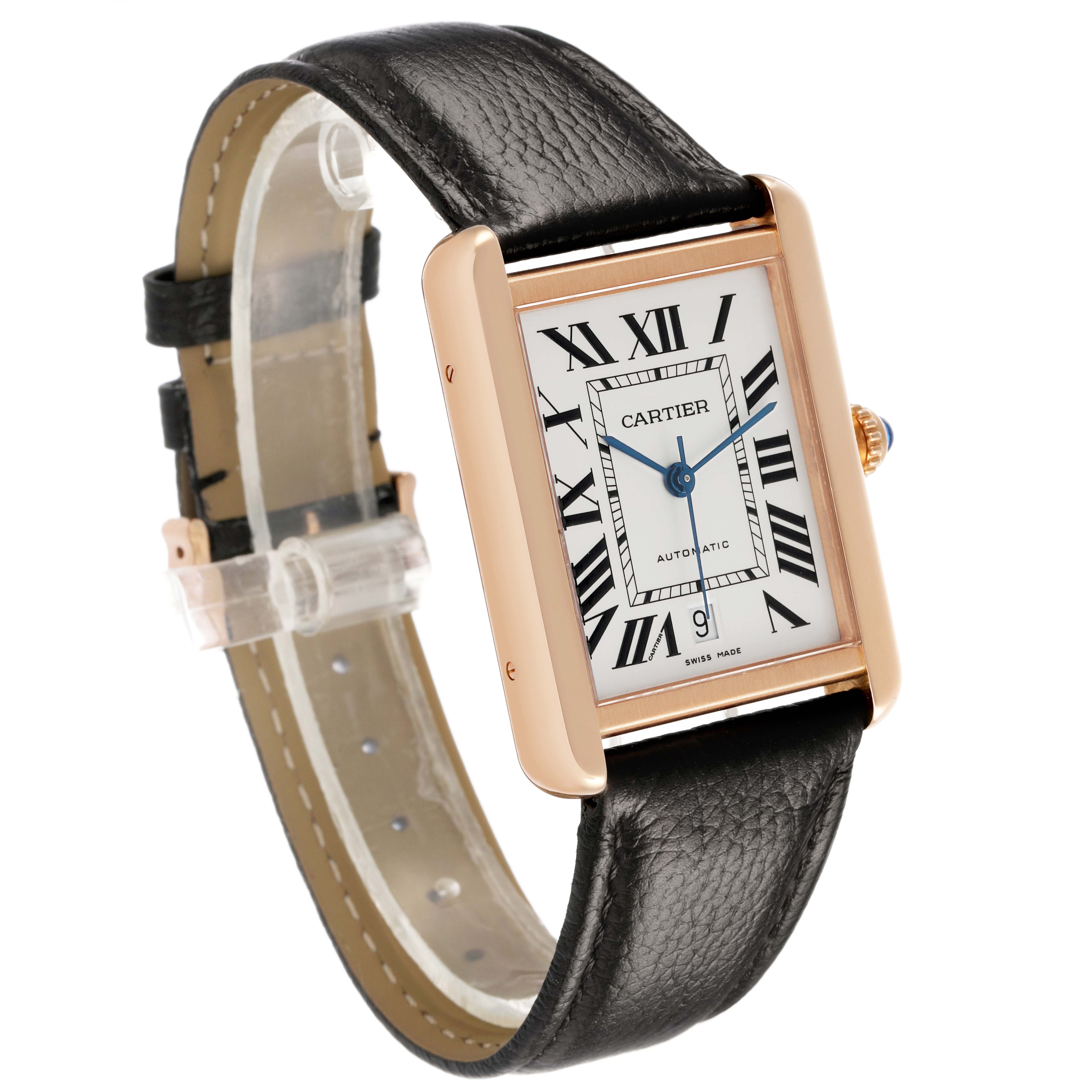 The Cartier Tank Solo W5200026 Men's Rose Gold Silver Dial watch is shown at an angled view, highlighting its rectangular face, leather strap, and side crown.