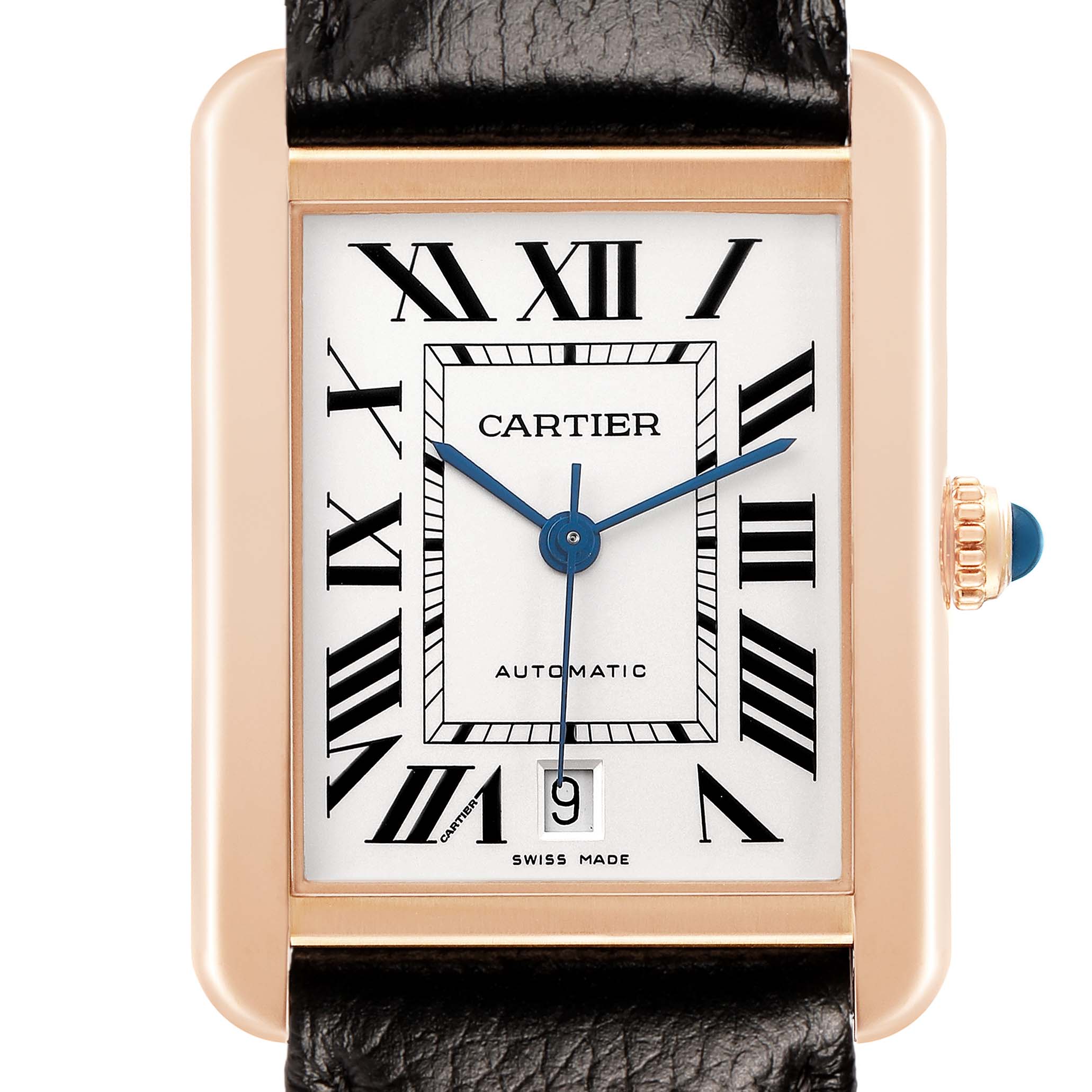 The Cartier Tank Solo W5200026 Men's Rose Gold Silver Dial watch is shown from a front angle, featuring its rectangular face, Roman numerals, and date window.