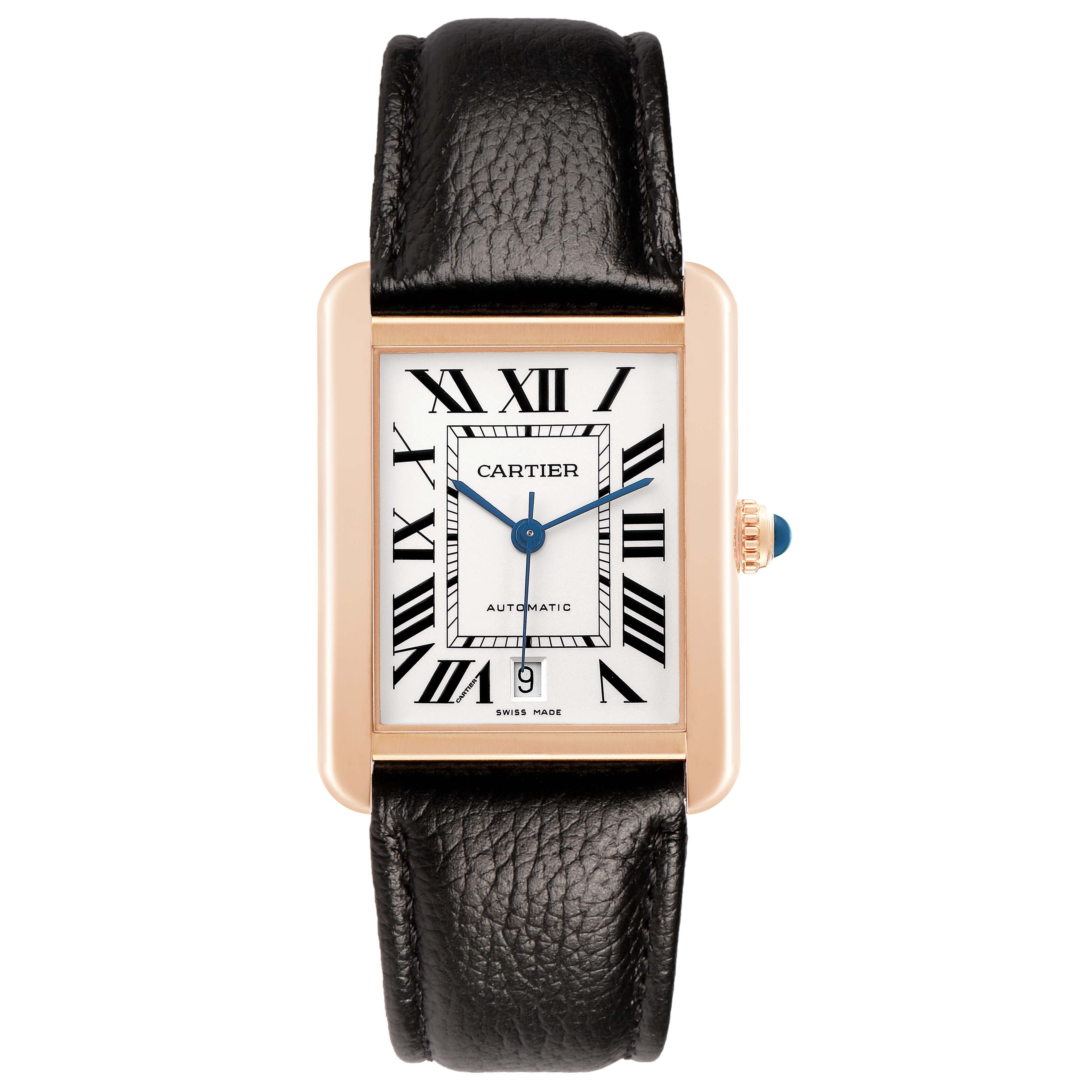 The Cartier Tank Solo W5200026 Men's Rose Gold Silver Dial watch is shown from a front angle, displaying the face, Roman numerals, hands, case, crown, and leather strap.