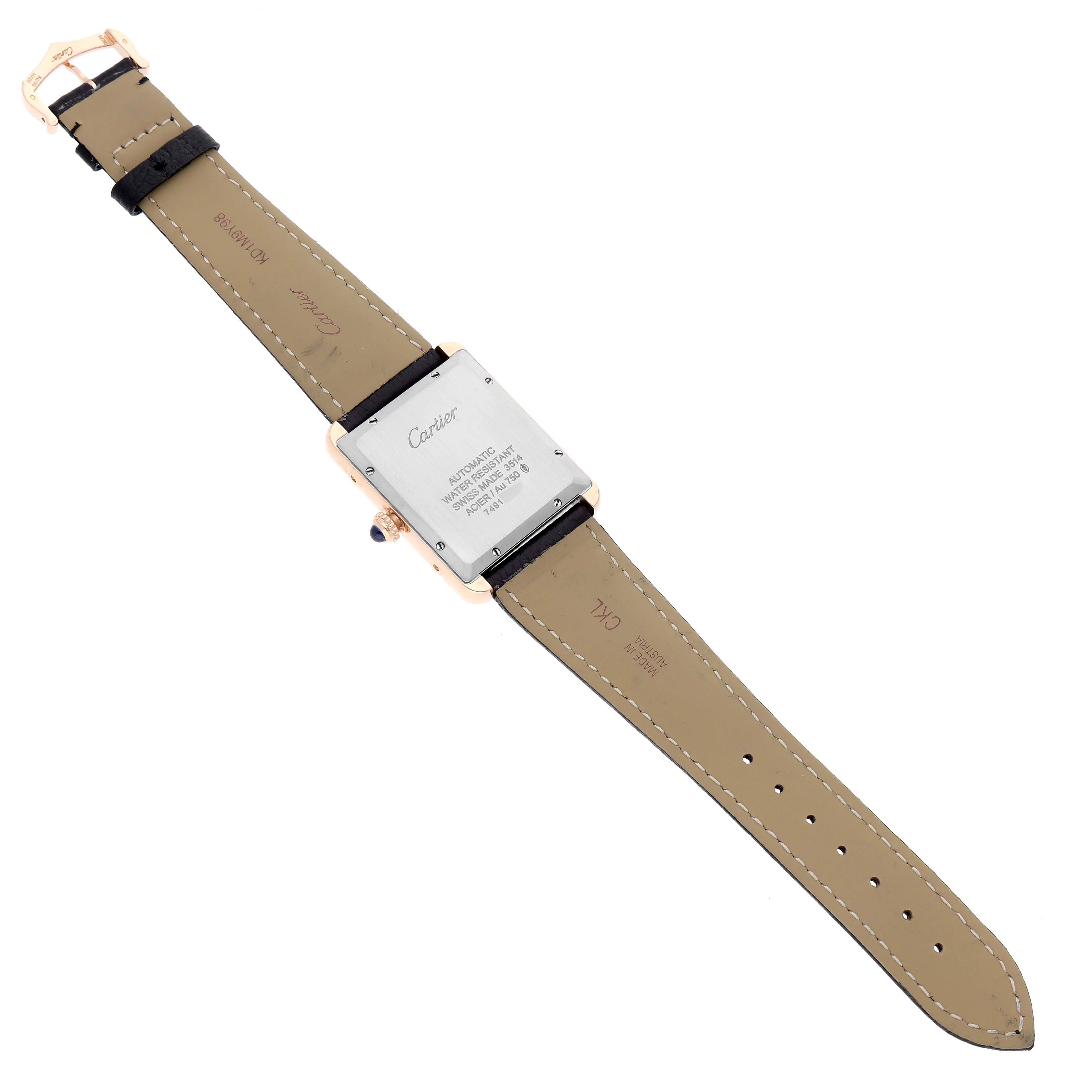 The image shows the back view of a Cartier Tank Solo W5200026 Men's Rose Gold Silver Dial watch, displaying the case back and leather strap.