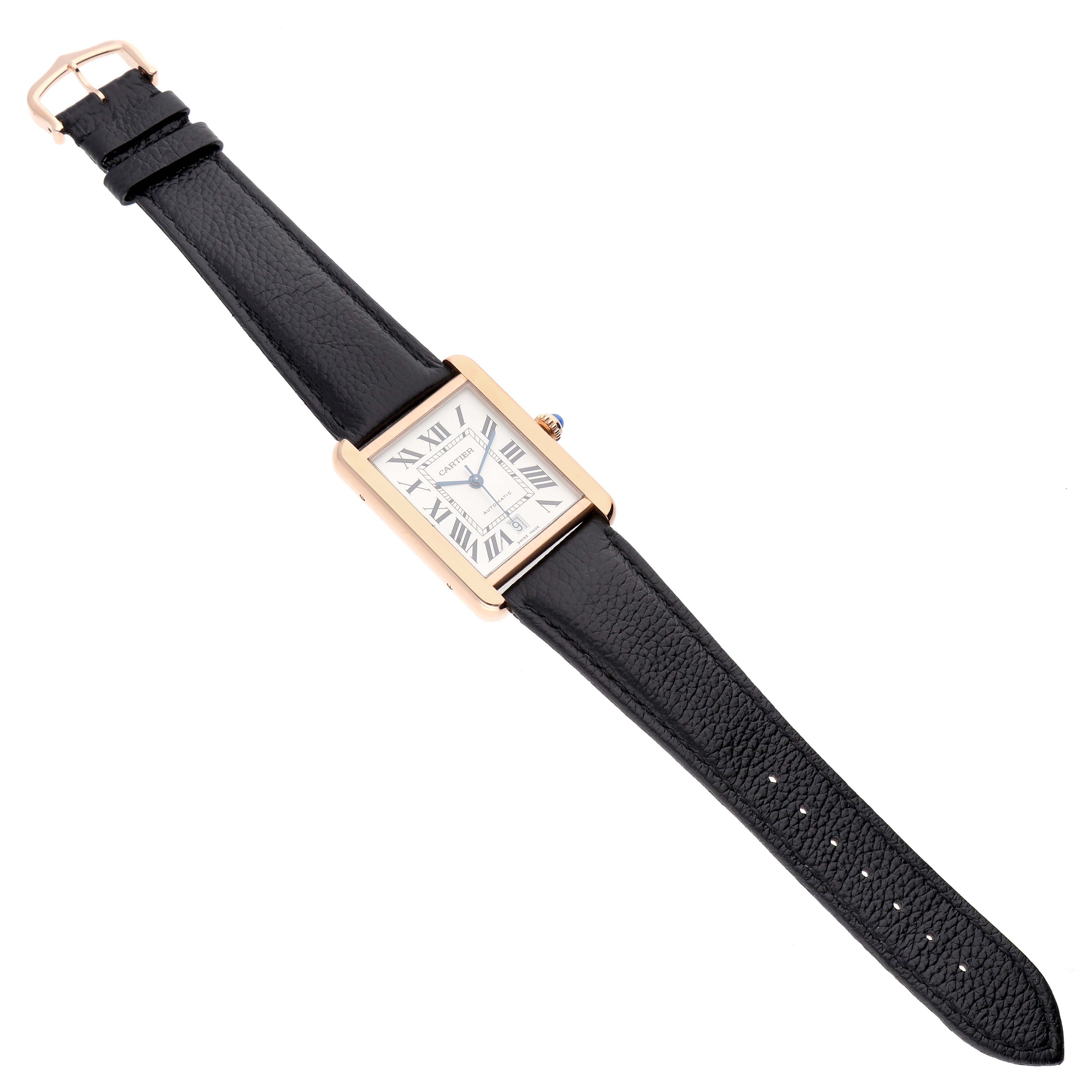The Cartier Tank Solo W5200026 Men's Rose Gold Silver Dial watch is shown from a top view, displaying the full face, case, and black leather strap.