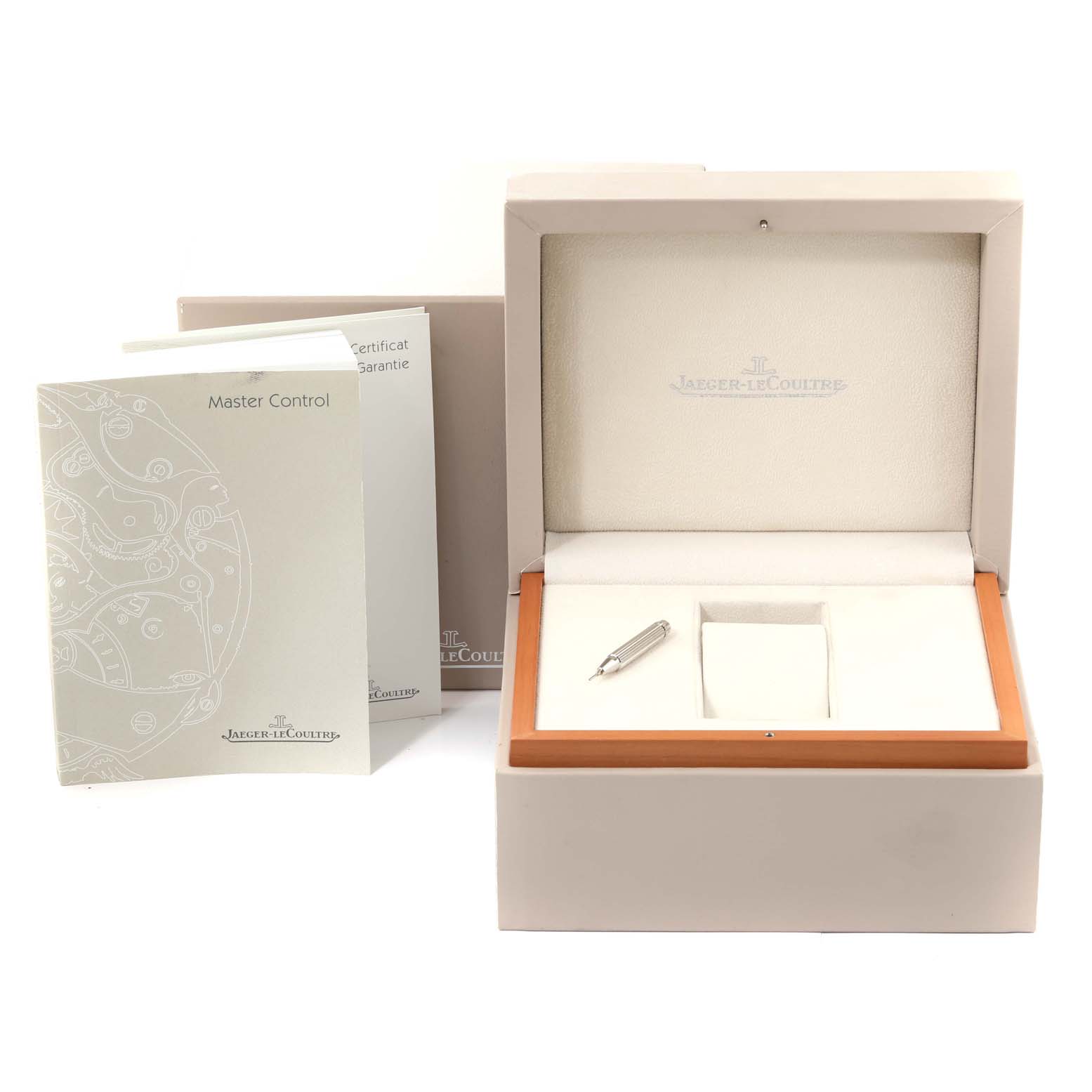 The image shows the packaging, manual, and box of the Jaeger LeCoultre Master 140.8.93 Men
s Stainless Steel Silver Dial 140.8.93 Men
s Stainless Steel Silver Dial Control watch.