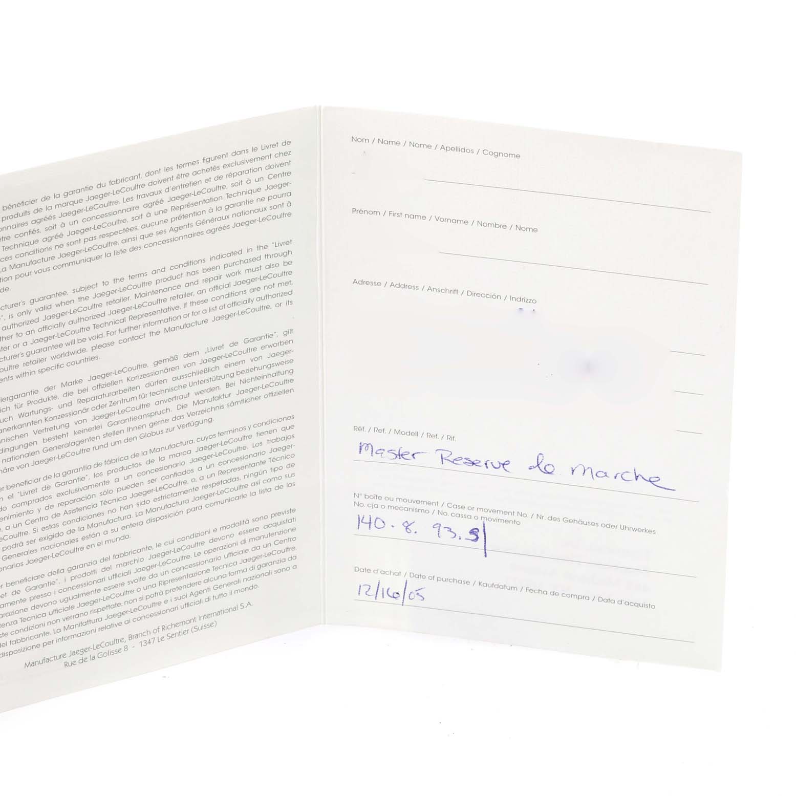 The image shows the warranty booklet for the Jaeger LeCoultre Master 140.8.93 Men
s Stainless Steel Silver Dial 140.8.93 Men
s Stainless Steel Silver Dial Reserve de Marche.