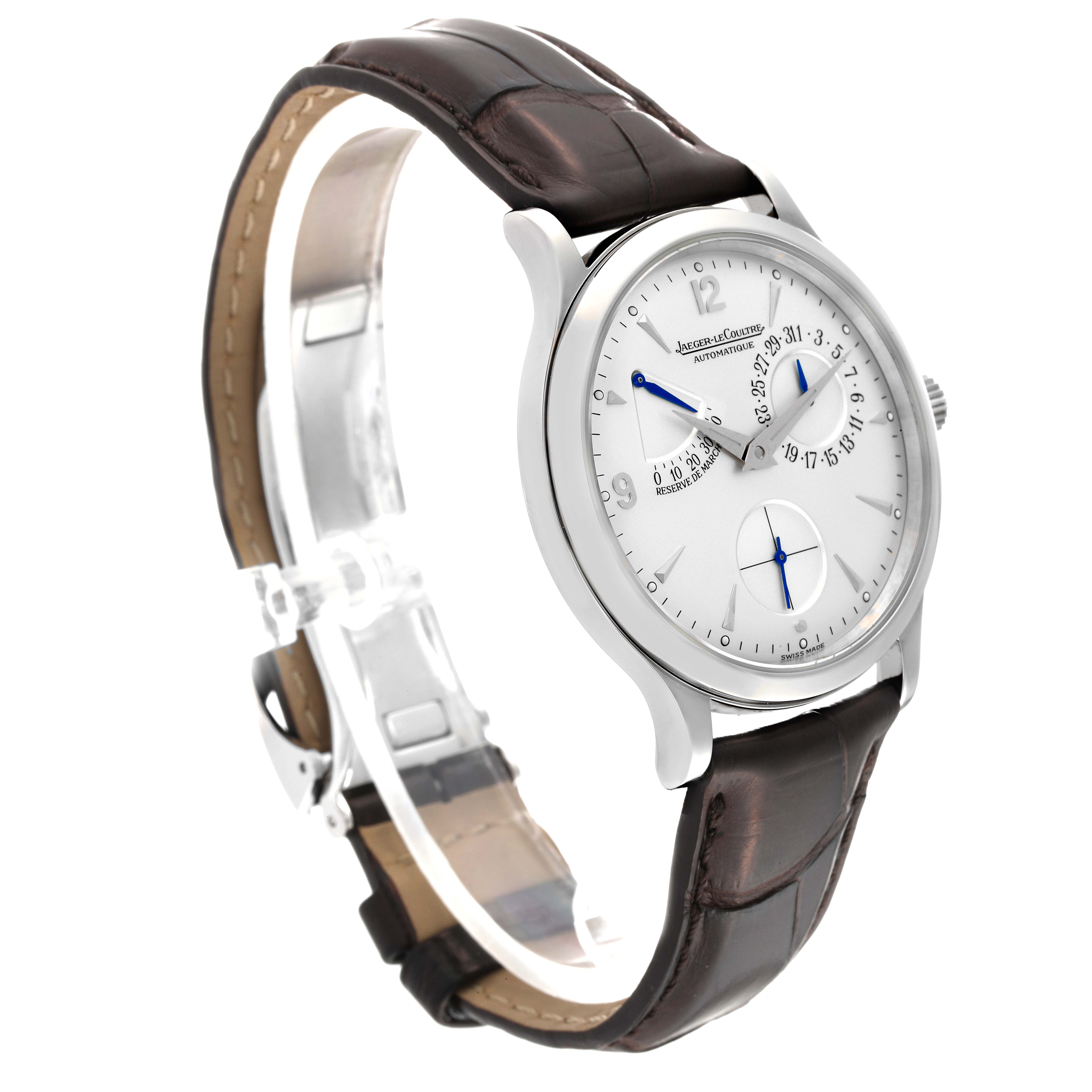 The Jaeger-LeCoultre Master watch is shown at a three-quarter angle, highlighting the dial and brown leather strap.