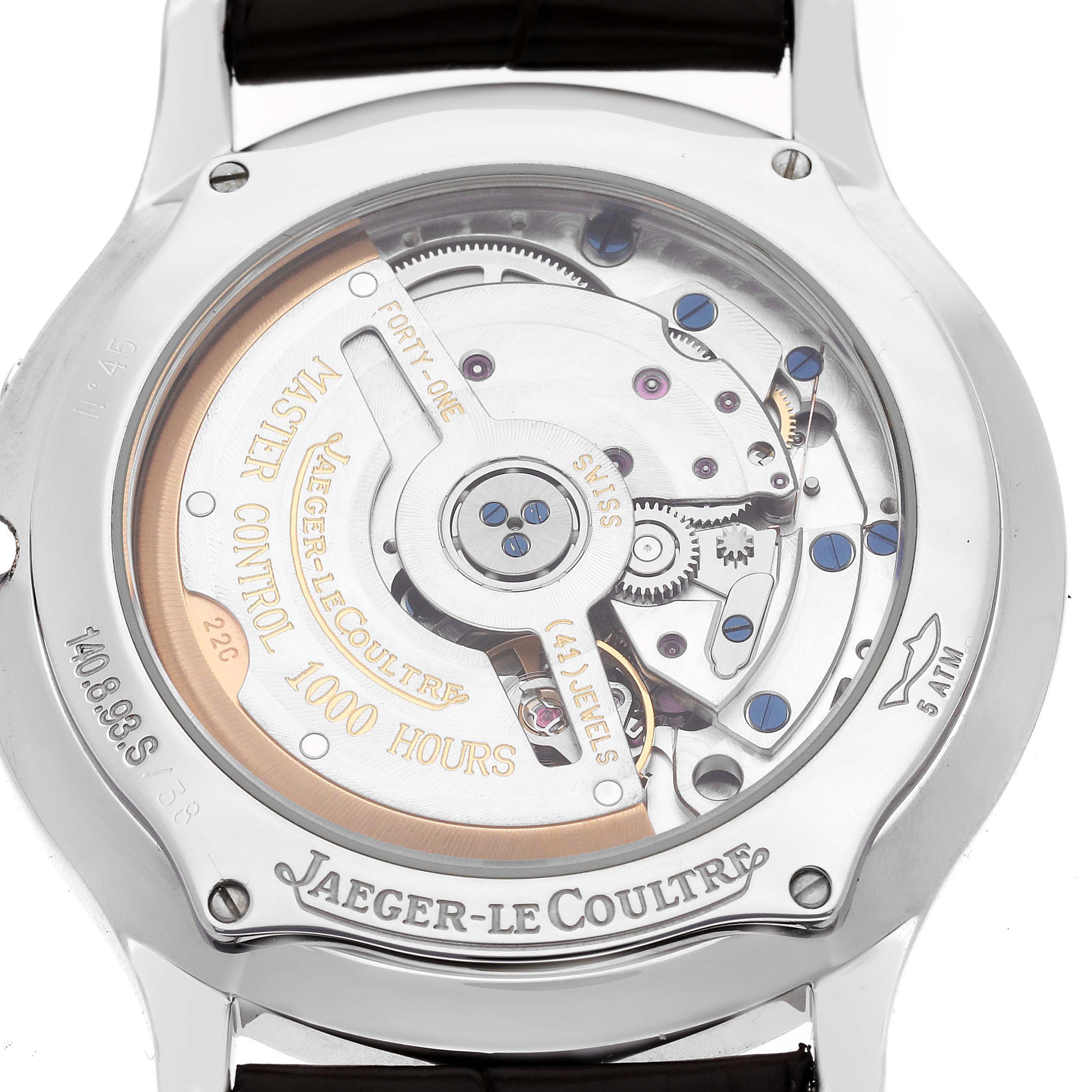 This image shows the back view of the Jaeger-LeCoultre Master model watch, revealing the internal mechanism.