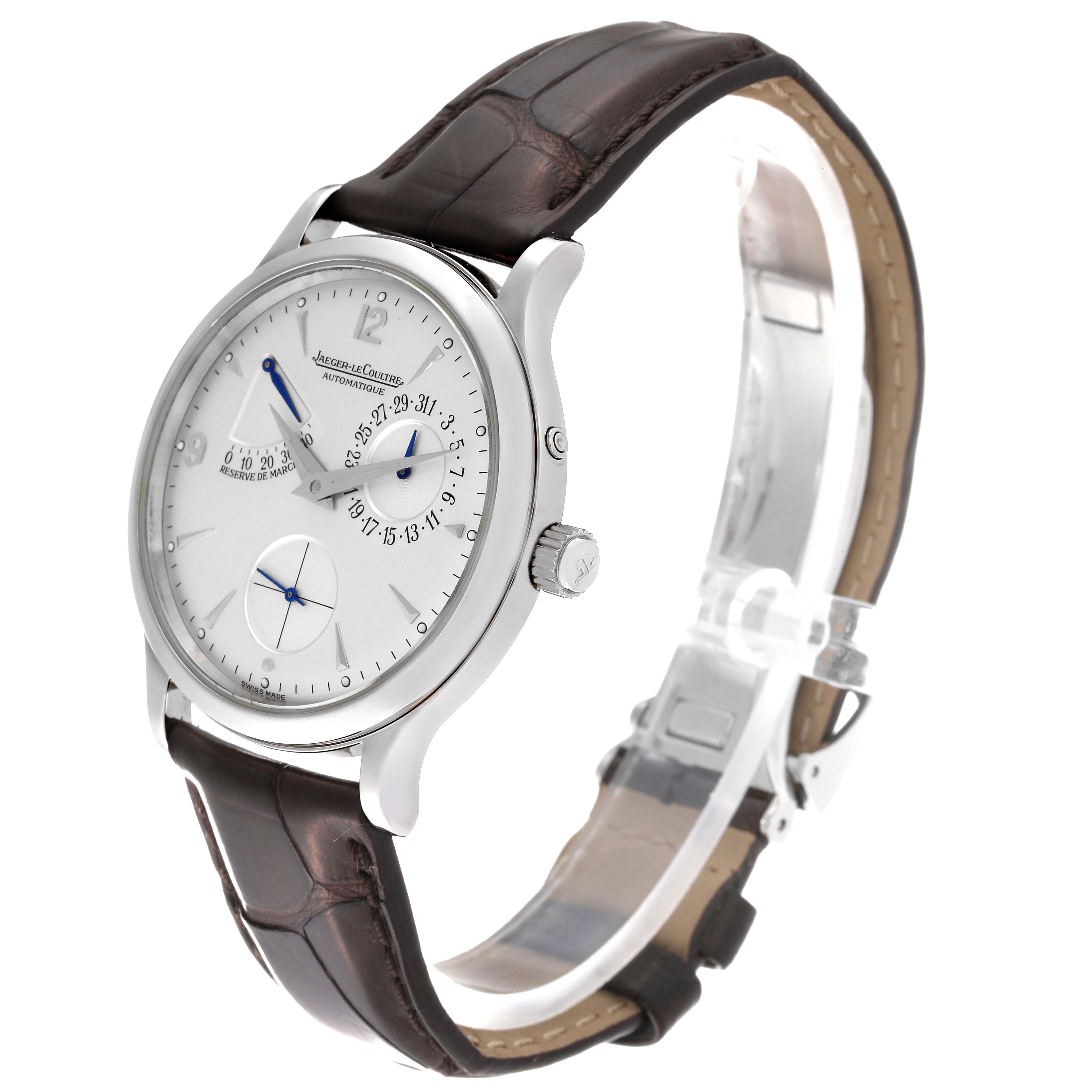 The image shows a Jaeger-LeCoultre Master watch at a three-quarter angle, displaying the face, crown, and leather strap.