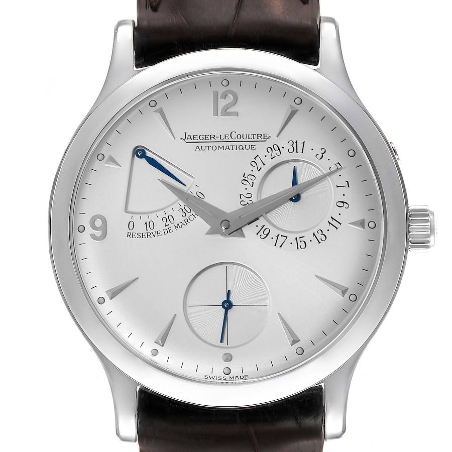 The Jaeger-LeCoultre Master model watch is shown from a front angle, displaying its dial, hands, and leather strap.