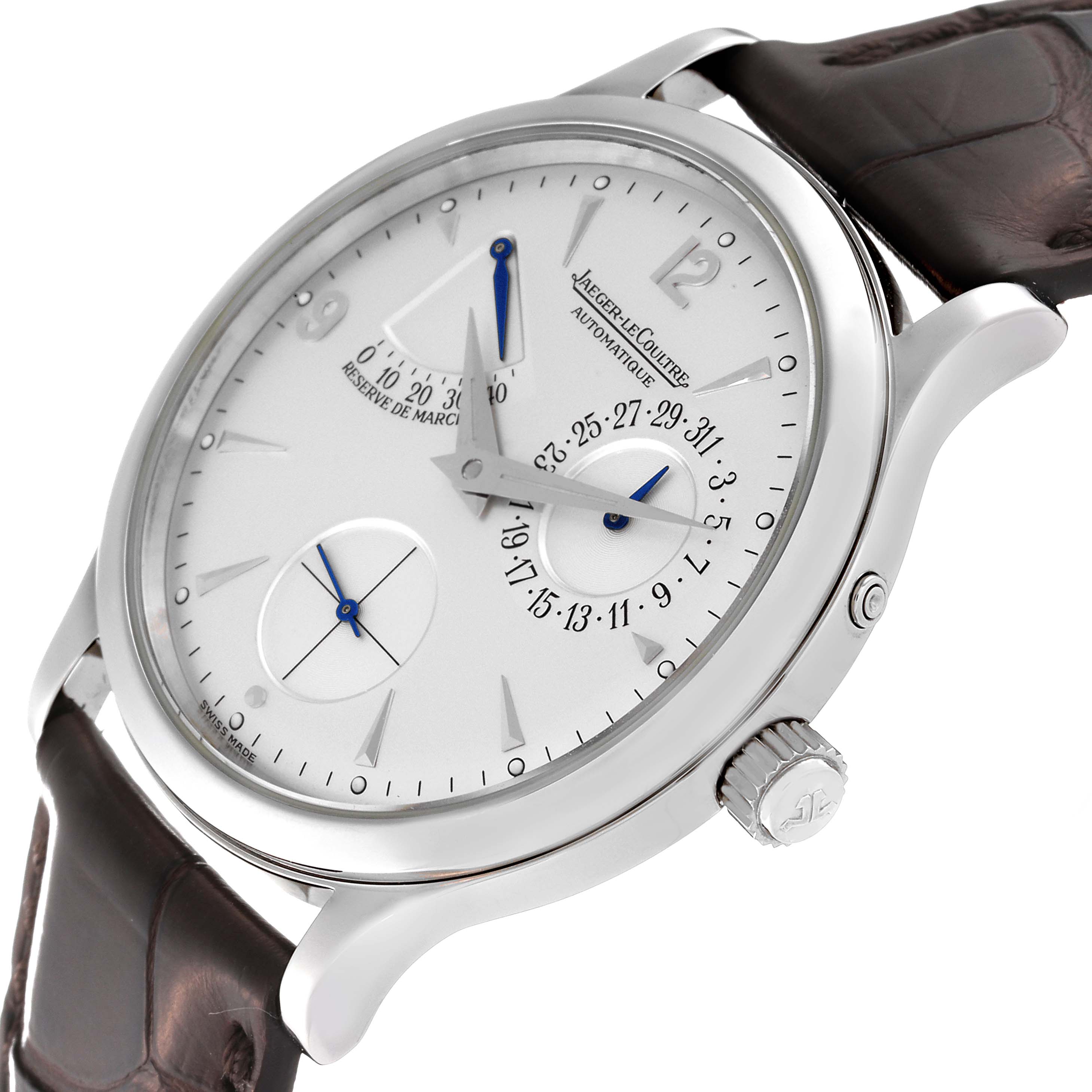 This Jaeger LeCoultre Master 140.8.93 Men
s Stainless Steel Silver Dial 140.8.93 Men
s Stainless Steel Silver Dial model watch is shown at a tilted angle, displaying its face, dial, crown, and leather strap.