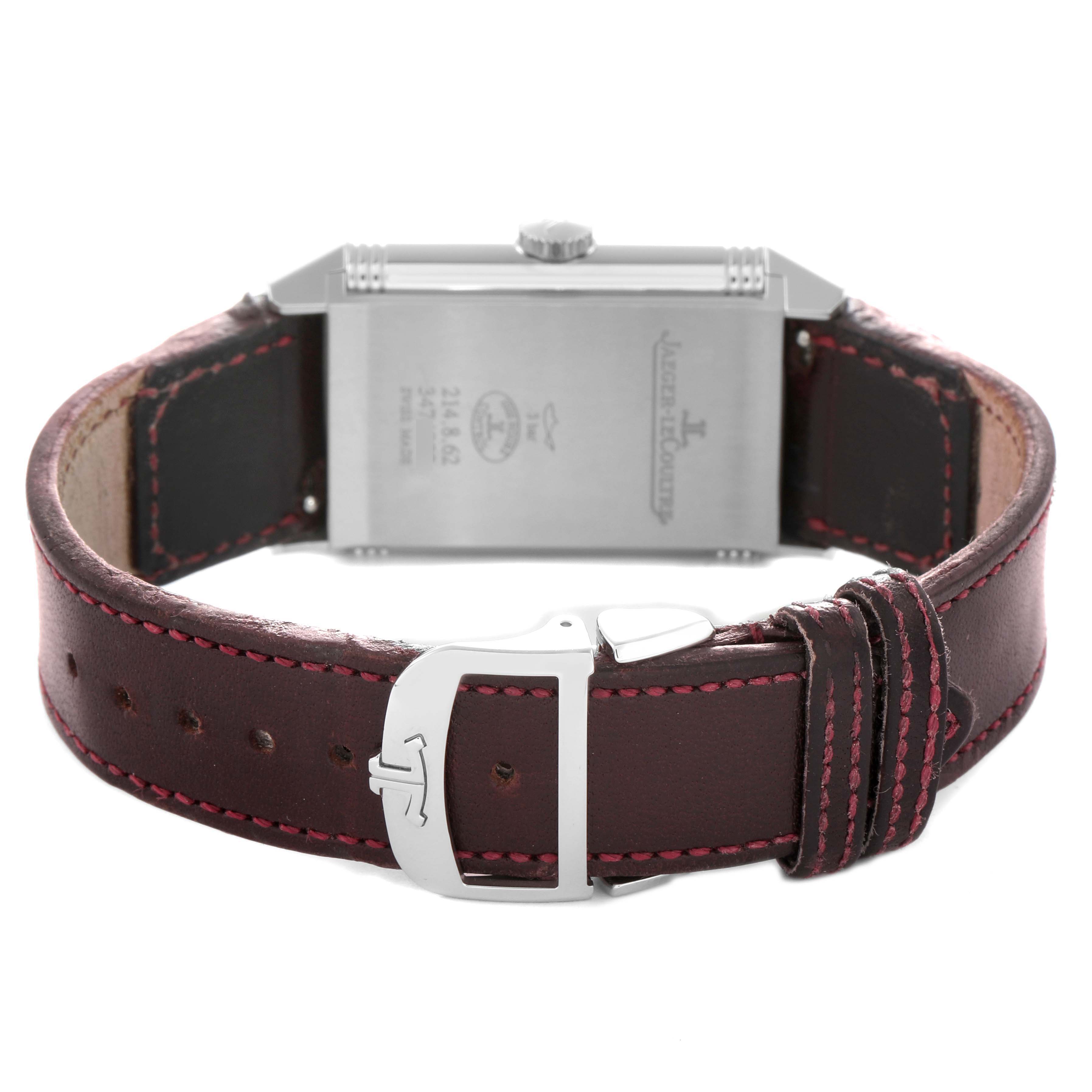 The image shows the back of a Jaeger LeCoultre Reverso Q397846J Men's Stainless Steel Burgundy Dial Q397846J Men's Stainless Steel Burgundy Dial watch, highlighting its buckle, strap, and case back.