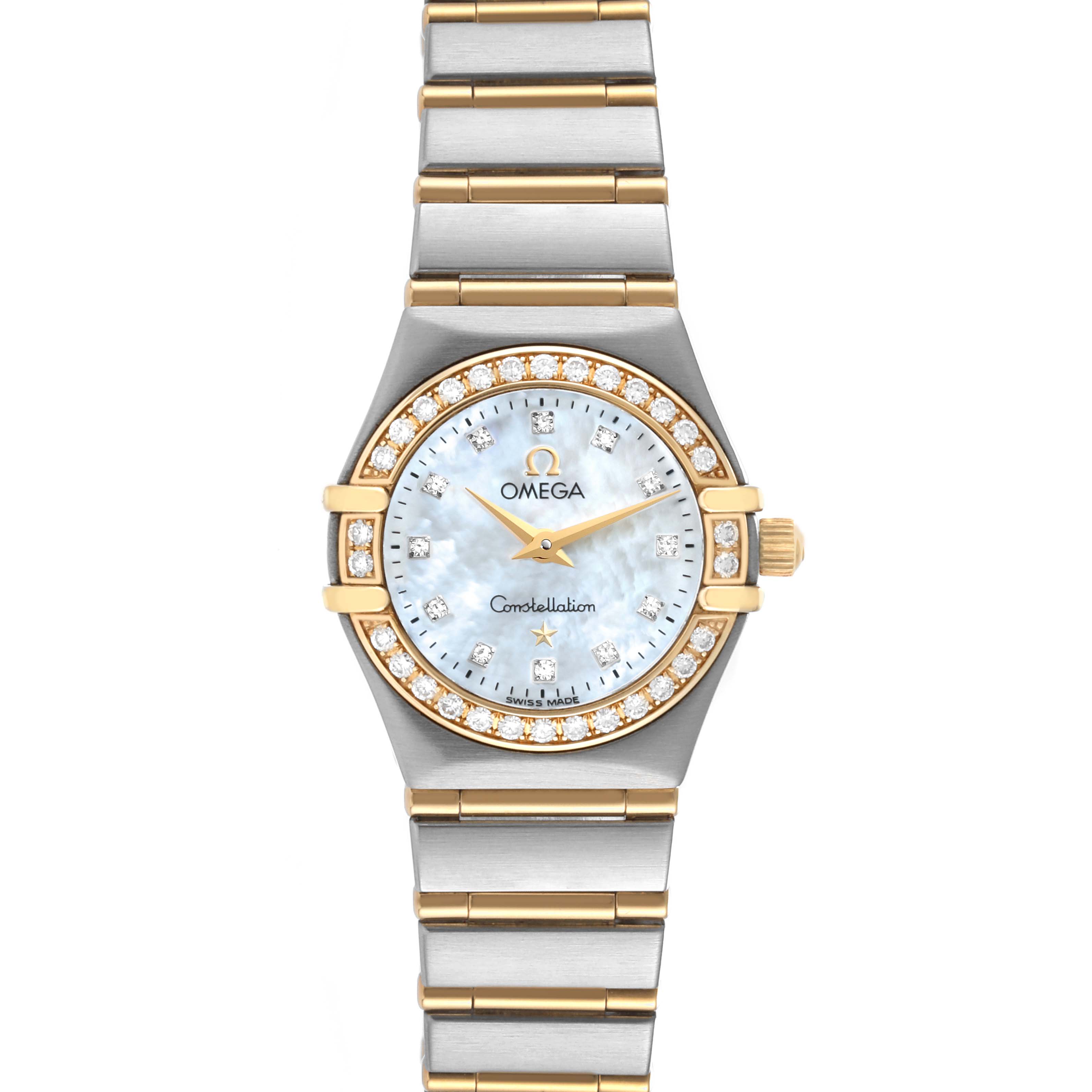 The image shows a front view of the Omega 1267.75.00 Women's Steel and Gold (two tone) Mother of Pearl Dial 1267.75.00 Women's Steel and Gold (two tone) Mother of Pearl Dial Constellation 95 Mother of Pearl Diamond Ladies Watch 1267.75.00 with its bracelet and dial.