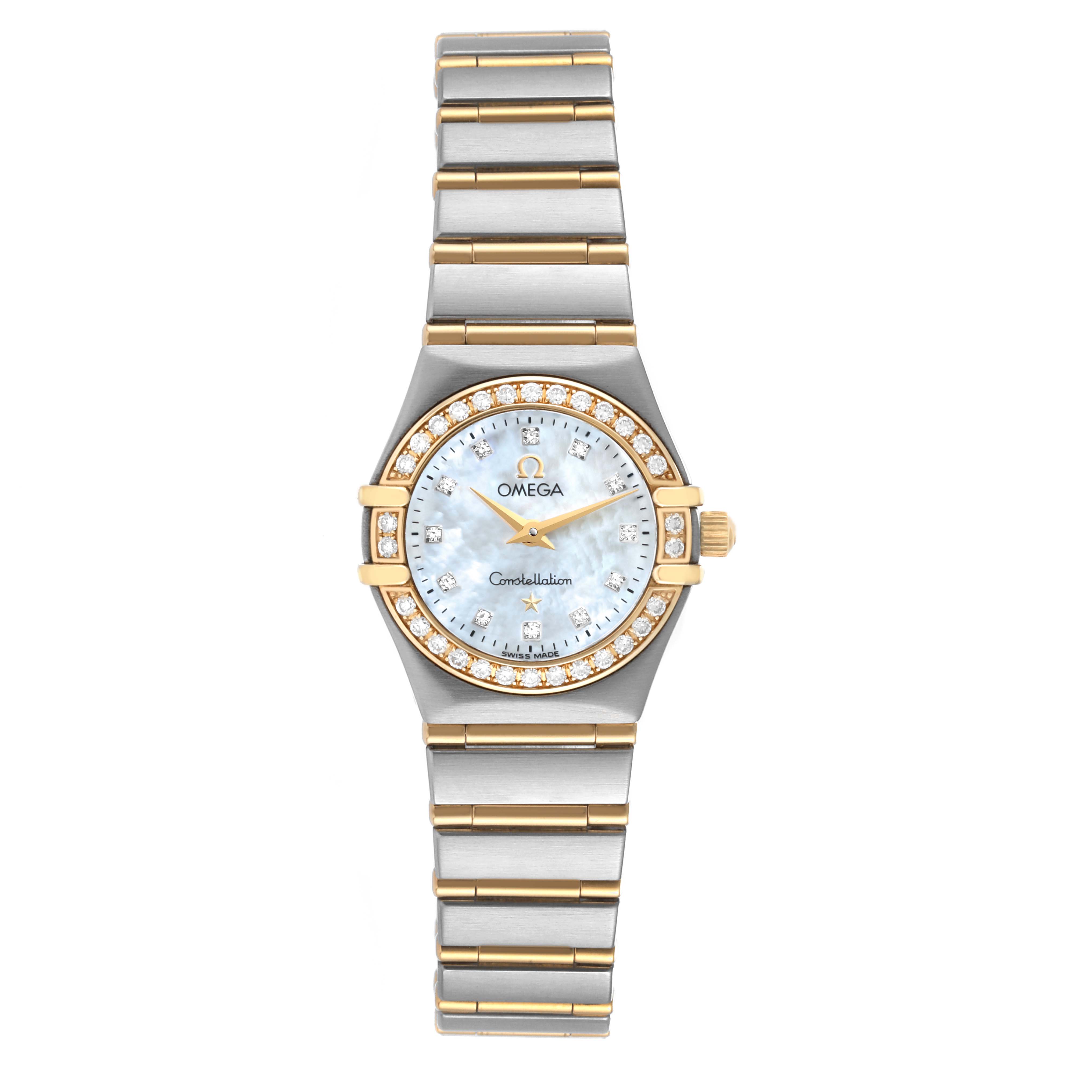The image shows a front view of an Omega 1267.75.00 Women's Steel and Gold (two tone) Mother of Pearl Dial 1267.75.00 Women's Steel and Gold (two tone) Mother of Pearl Dial Constellation 95 Mother of Pearl Diamond Ladies Watch, model 1267.75.00.