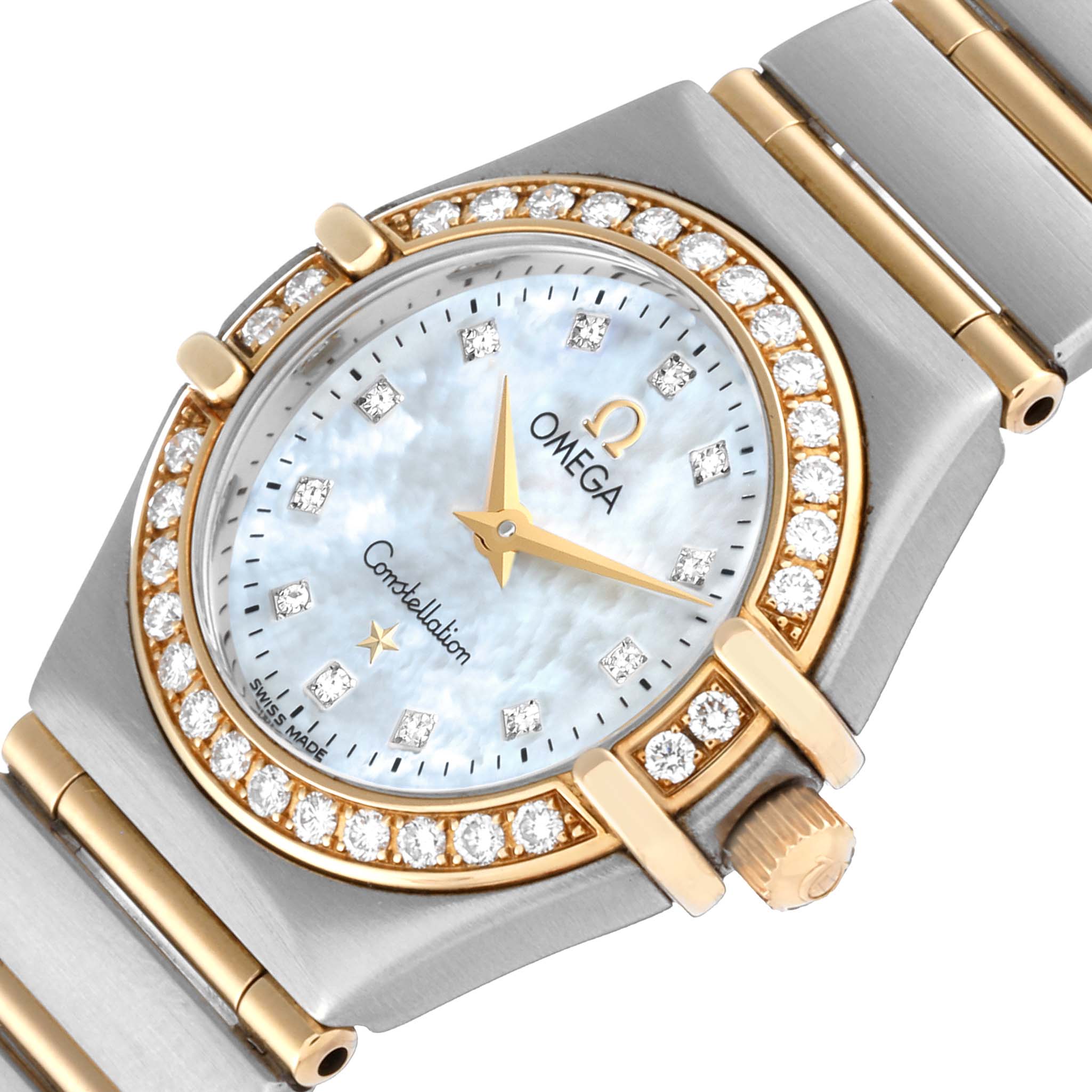 The image shows a close-up of the Omega 1267.75.00 Women's Steel and Gold (two tone) Mother of Pearl Dial 1267.75.00 Women's Steel and Gold (two tone) Mother of Pearl Dial Constellation 95 Mother of Pearl Diamond Ladies Watch 1267.75.00, focusing on the dial, bezel, and part of the bracelet.
