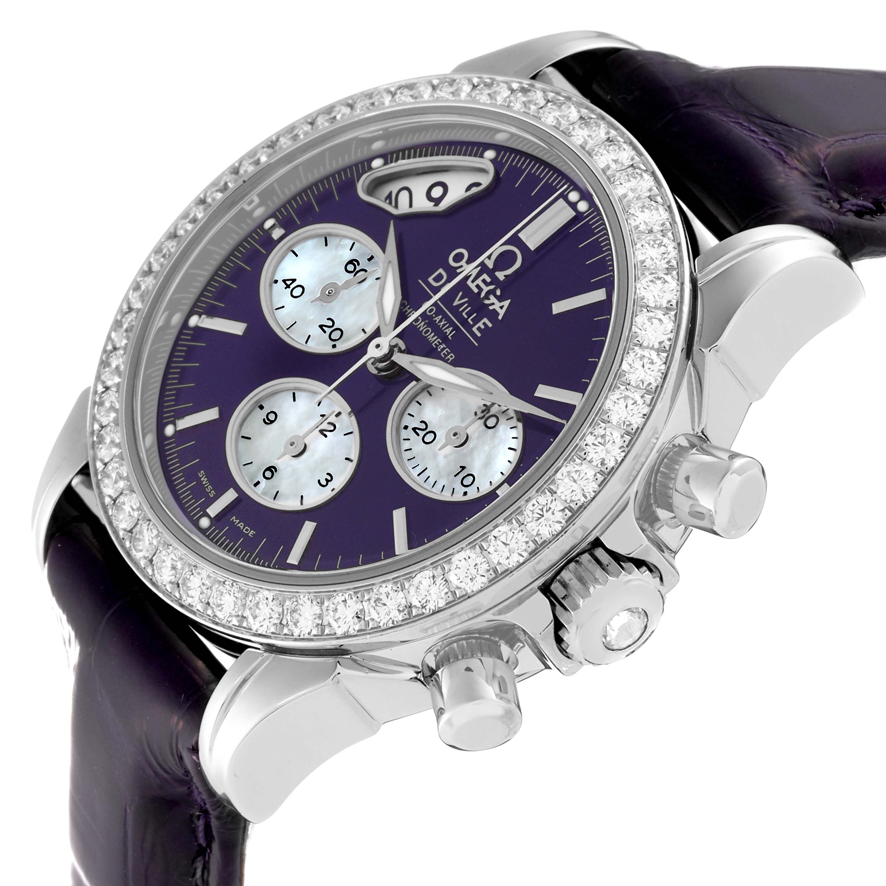 This image shows a side-angle view of the Omega 422.18.35.50.10.001 Women's Stainless Steel Purple Dial 422.18.35.50.10.001 Women's Stainless Steel Purple Dial DeVille Co-Axial Steel Diamond Ladies Watch model 422.18.35.50.10.001.