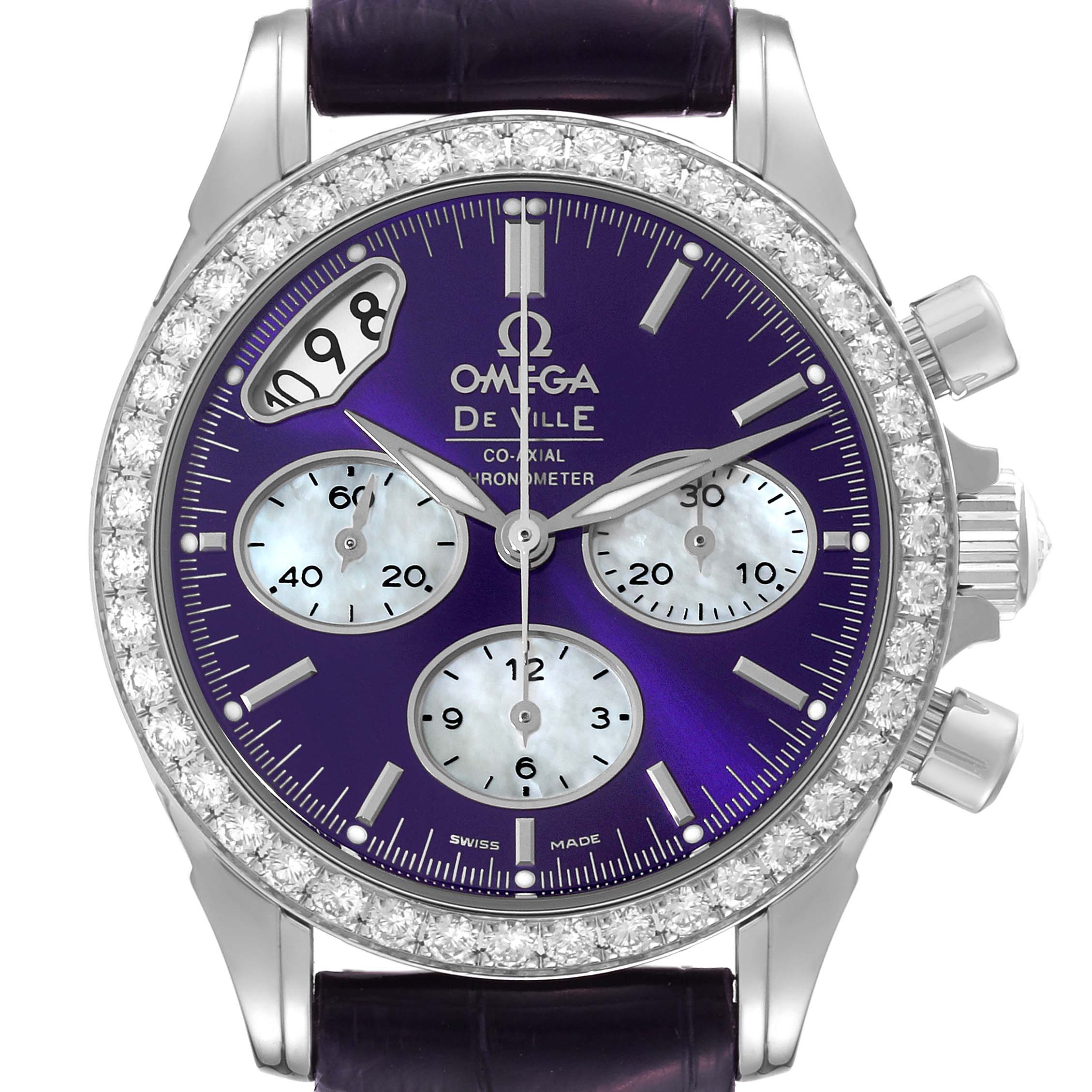 The image shows a front view of the Omega 422.18.35.50.10.001 Women's Stainless Steel Purple Dial 422.18.35.50.10.001 Women's Stainless Steel Purple Dial DeVille Co-Axial Steel Diamond Ladies Watch, model 422.18.35.50.10.001.