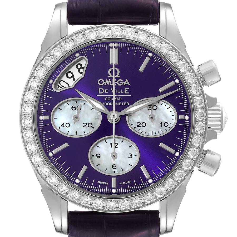 Omega DeVille Co-Axial Steel Purple Dial Diamond Bezel Ladies Watch 422.18.35.50.10.001 Box Card SwissWatchExpo