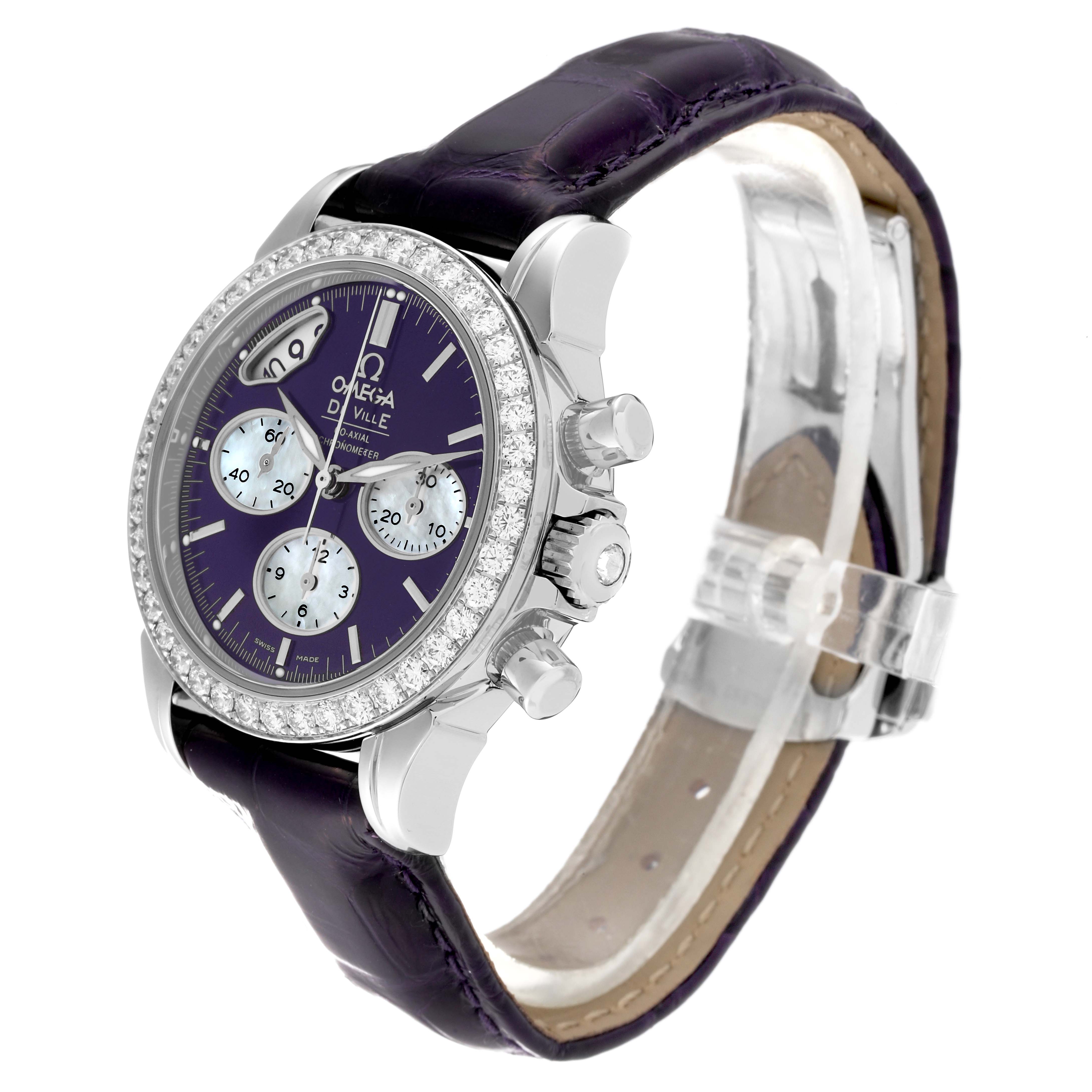 The image shows a side angle of the Omega 422.18.35.50.10.001 Women's Stainless Steel Purple Dial 422.18.35.50.10.001 Women's Stainless Steel Purple Dial DeVille Co-Axial Steel Diamond Ladies Watch 422.18.35.50.10.001, highlighting its face, bezel, and strap.