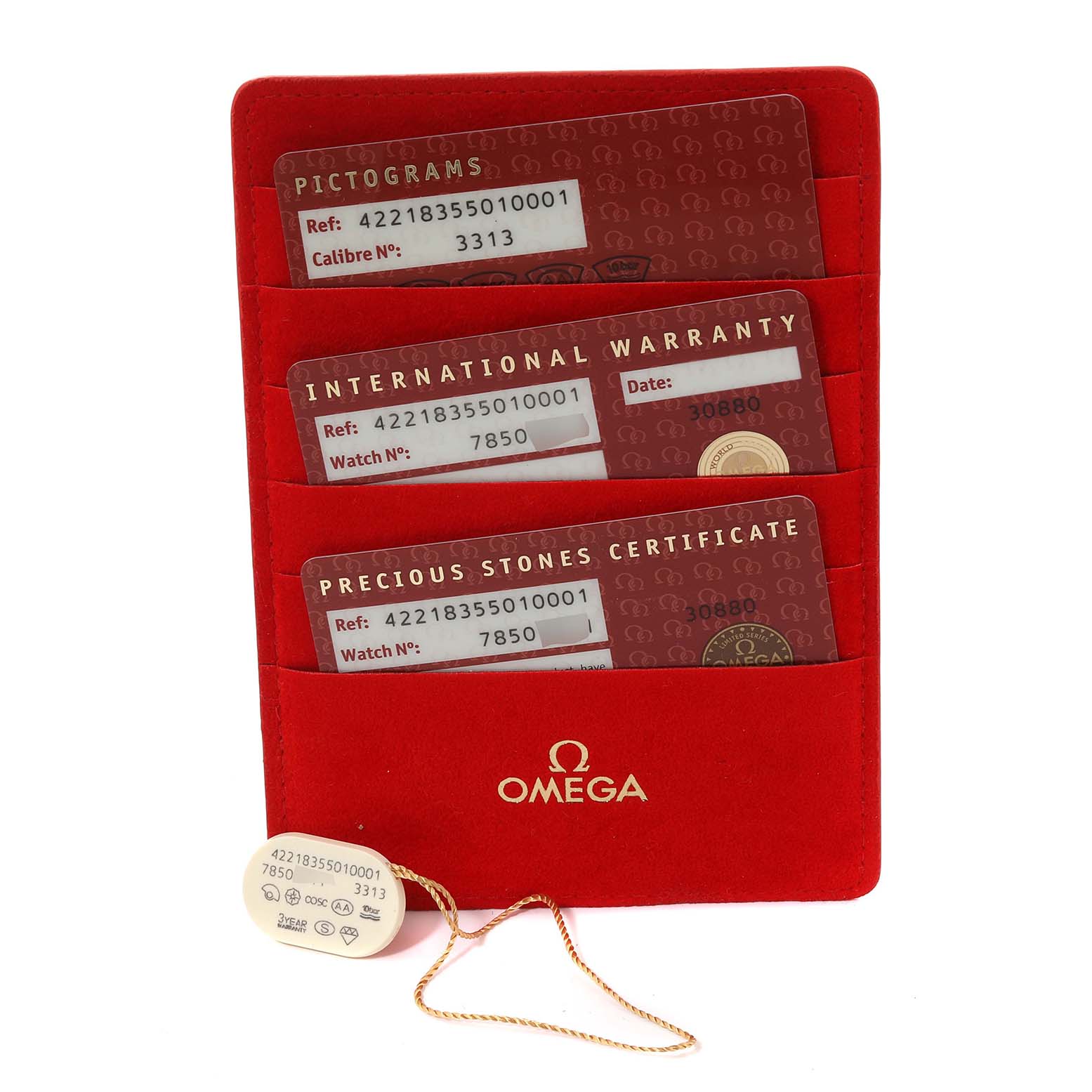 The image shows the box and cards for an Omega 422.18.35.50.10.001 Women's Stainless Steel Purple Dial 422.18.35.50.10.001 Women's Stainless Steel Purple Dial DeVille Co-Axial Steel Diamond Ladies Watch model 422.18.35.50.10.001.