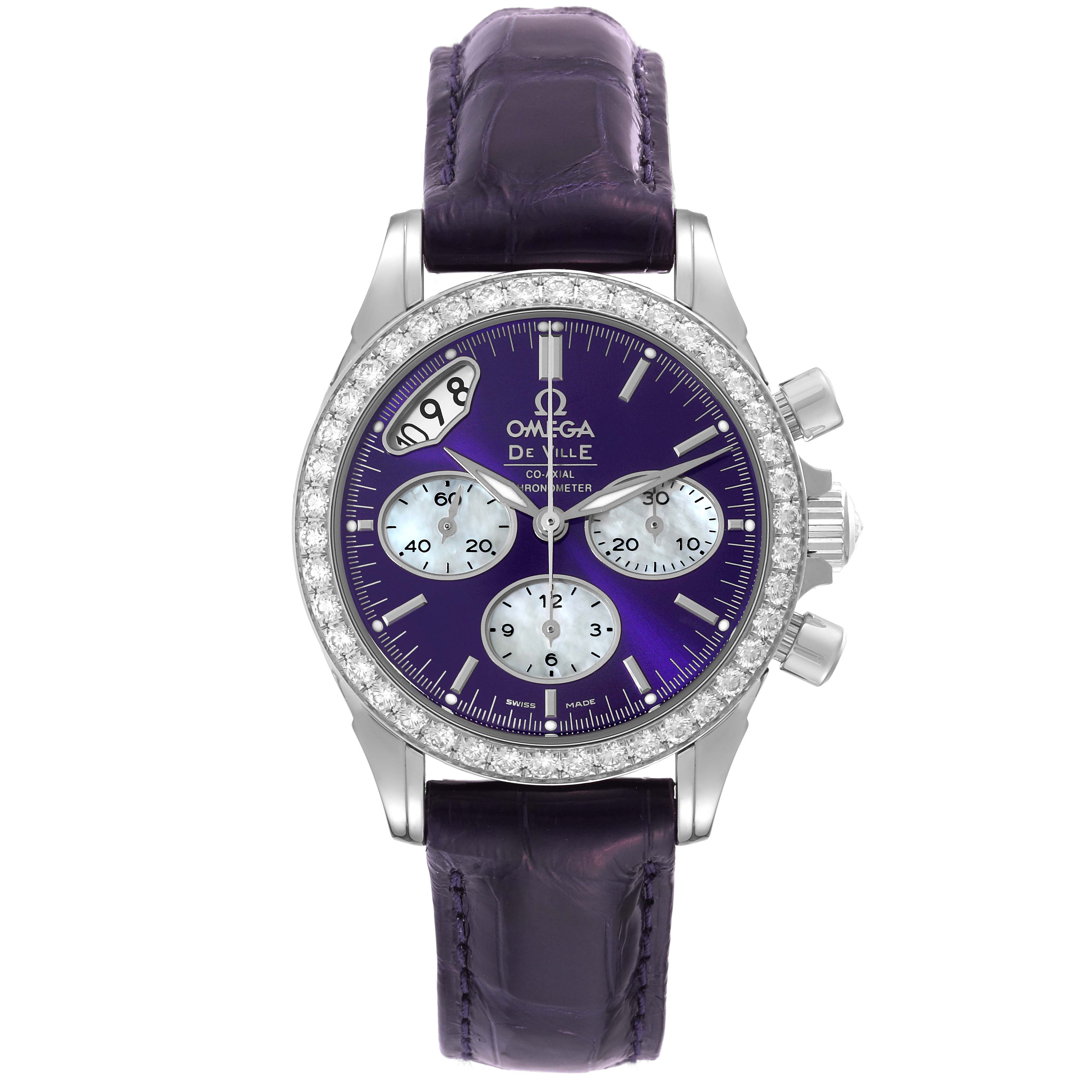 The Omega 422.18.35.50.10.001 Women's Stainless Steel Purple Dial 422.18.35.50.10.001 Women's Stainless Steel Purple Dial DeVille Co-Axial Steel Diamond Ladies Watch 422.18.35.50.10.001 is shown from a front angle.