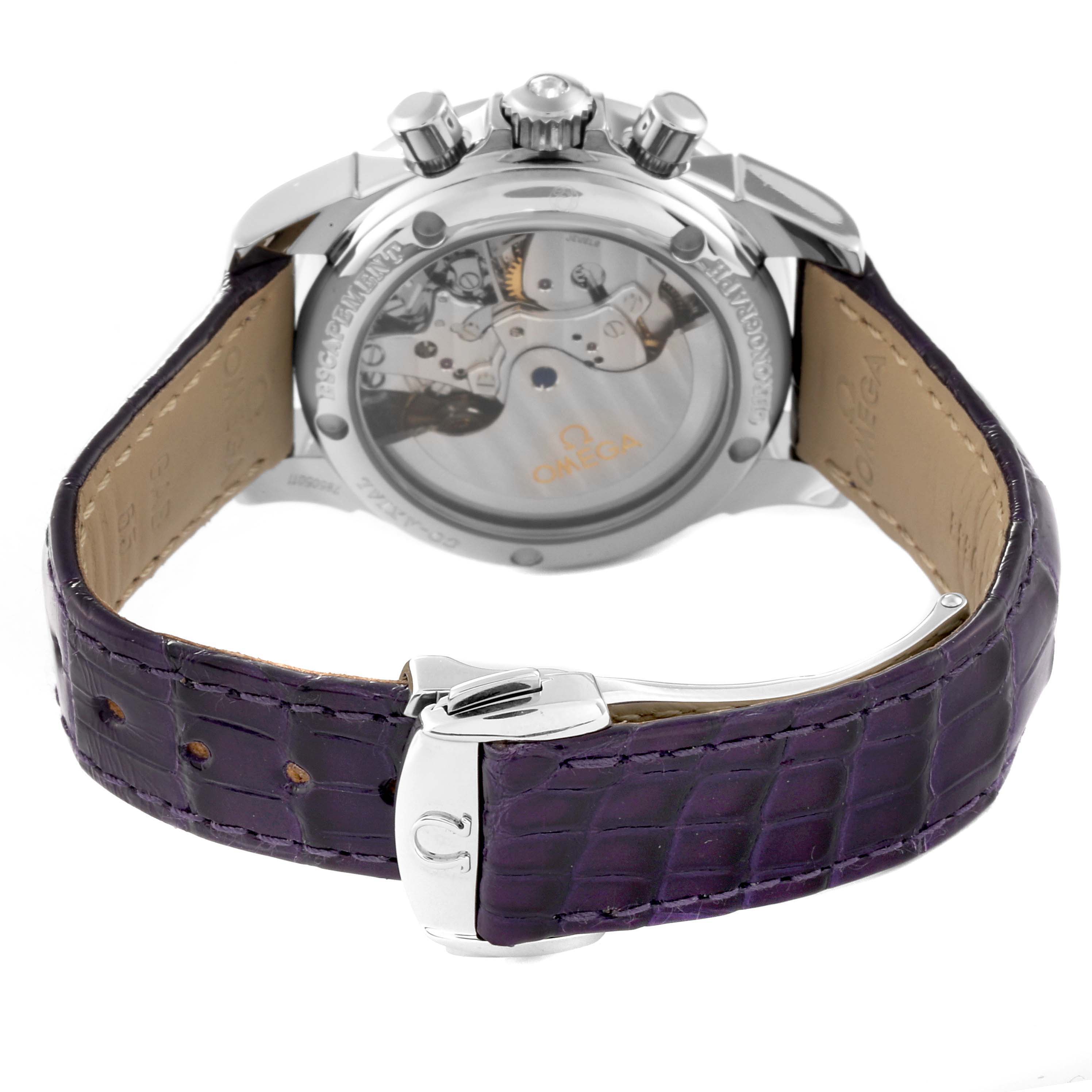 The image shows the back view of an Omega 422.18.35.50.10.001 Women's Stainless Steel Purple Dial 422.18.35.50.10.001 Women's Stainless Steel Purple Dial DeVille Co-Axial Steel Diamond Ladies Watch 422.18.35.50.10.001, focusing on the movement and purple strap.