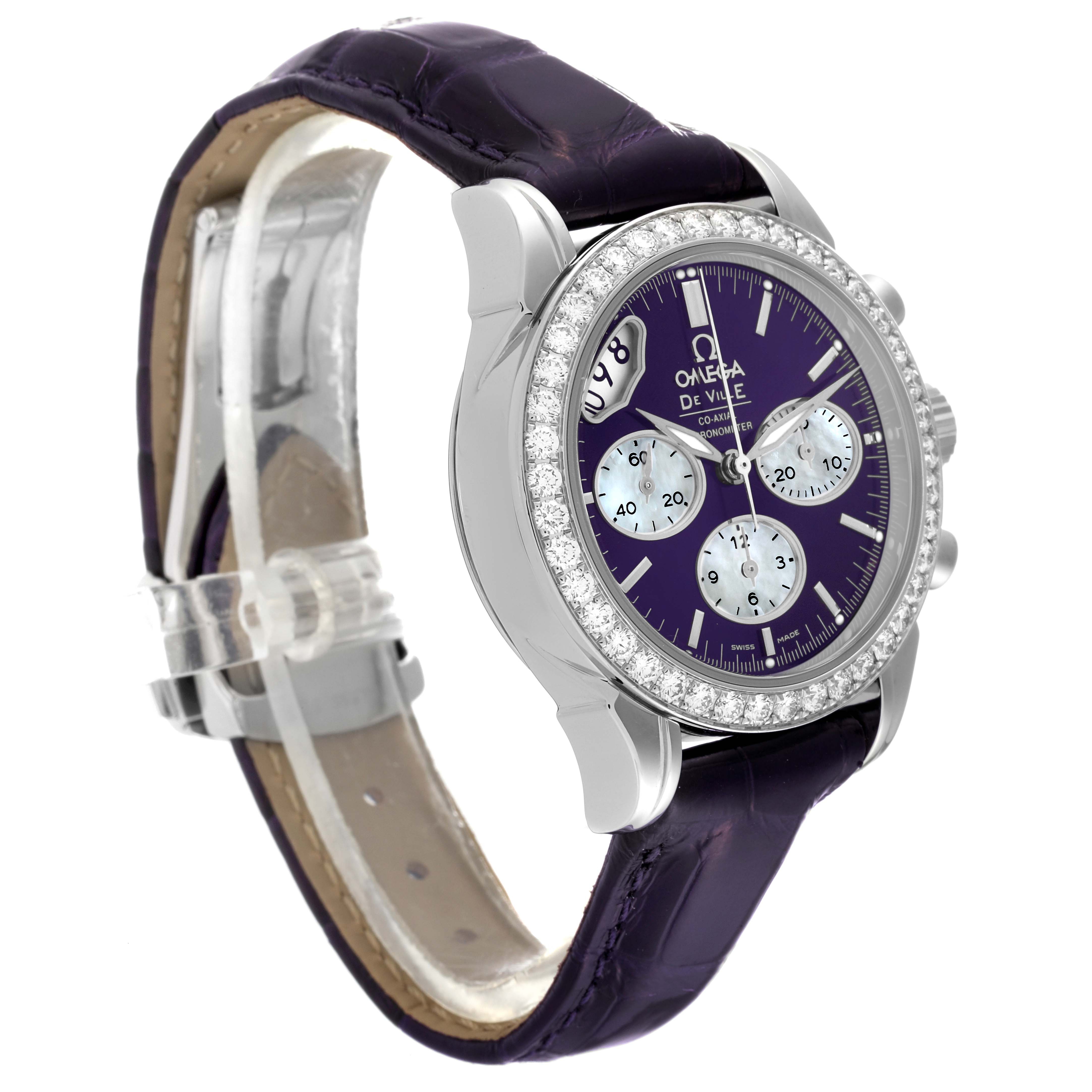 This image shows a side angle of the Omega 422.18.35.50.10.001 Women's Stainless Steel Purple Dial 422.18.35.50.10.001 Women's Stainless Steel Purple Dial DeVille Co-Axial Steel Diamond Ladies Watch, highlighting its bezel, dial, and strap.