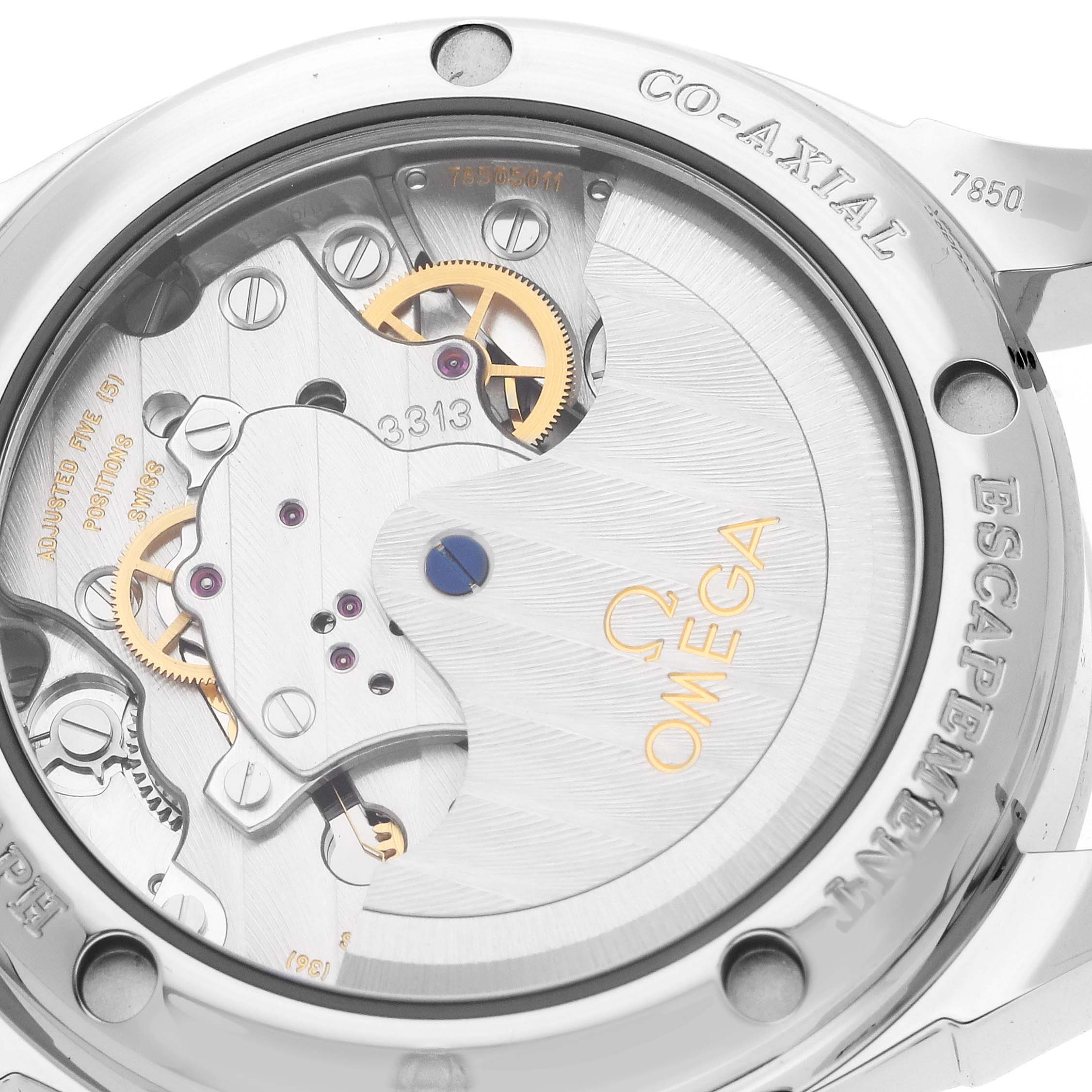 This close-up image displays the internal mechanics of the Omega 422.18.35.50.10.001 Women's Stainless Steel Purple Dial 422.18.35.50.10.001 Women's Stainless Steel Purple Dial DeVille Co-Axial Steel Diamond Ladies Watch model 422.18.35.50.10.001.