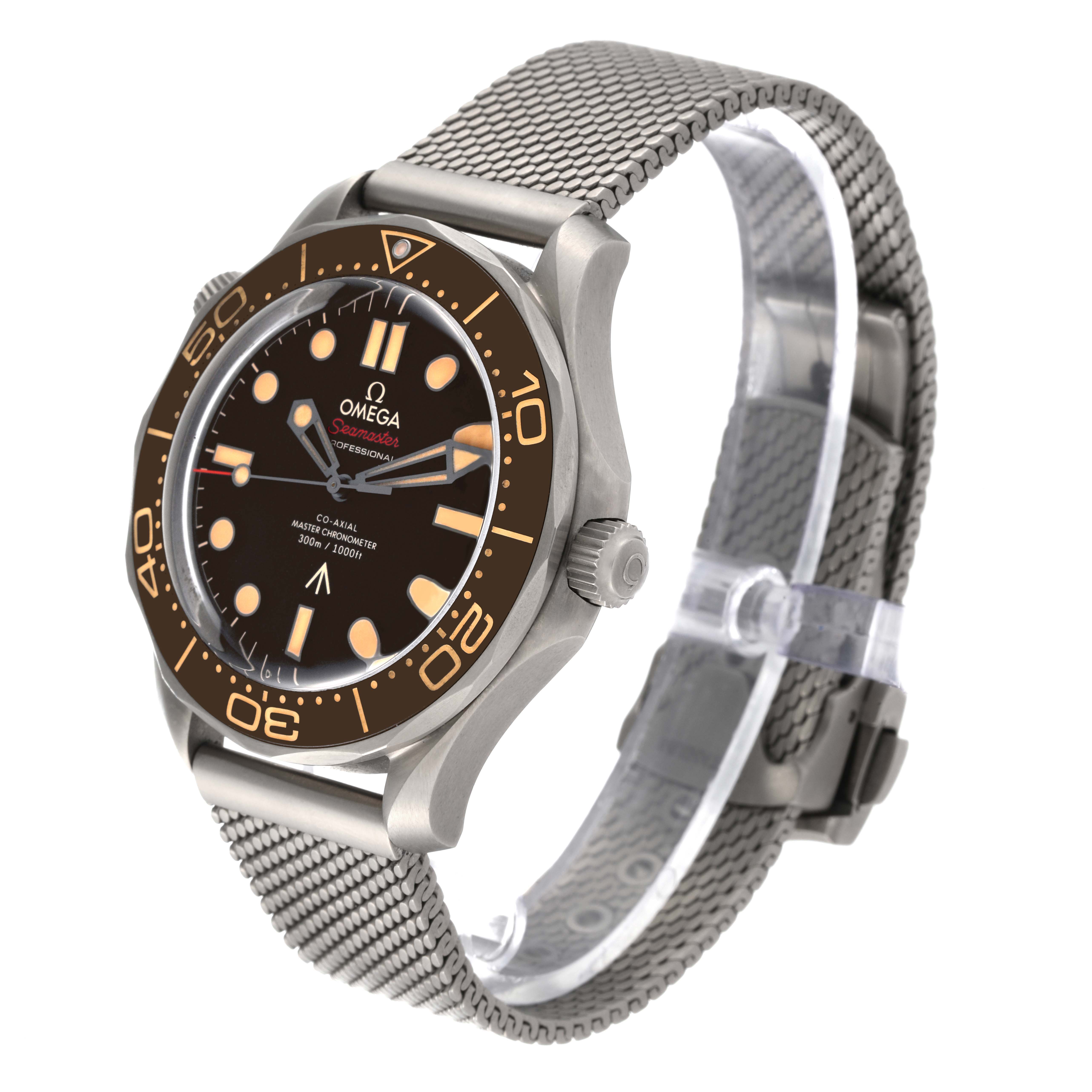 The Omega Seamaster 210.90.42.20.01.001 Men's Titanium Brown Dial 210.90.42.20.01.001 Men's Titanium Brown Dial watch is shown at an angle highlighting the face, bezel, crown, and mesh bracelet.