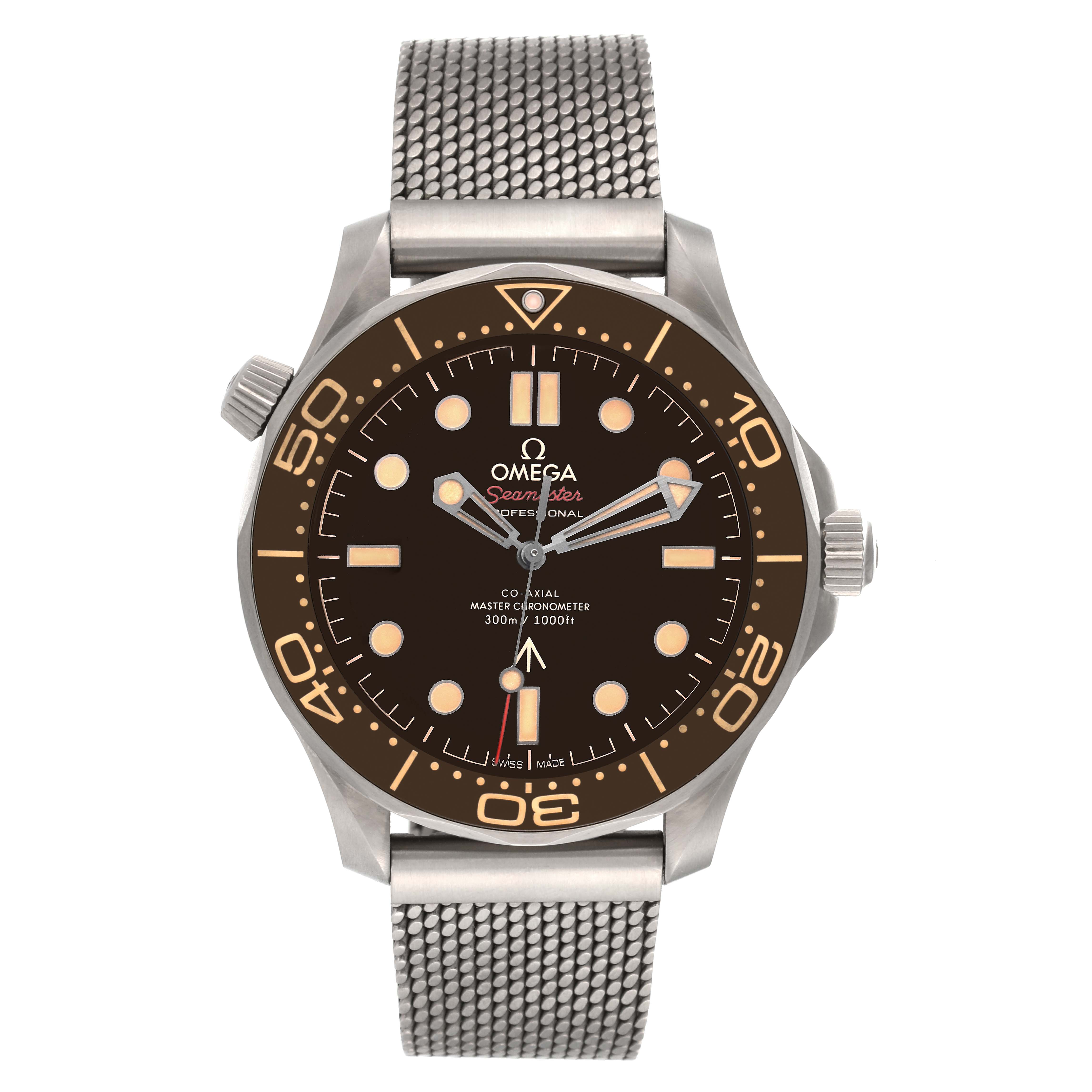 The image shows a frontal view of an Omega Seamaster 210.90.42.20.01.001 Men's Titanium Brown Dial 210.90.42.20.01.001 Men's Titanium Brown Dial watch, displaying its dial, bezel, and mesh metal strap.