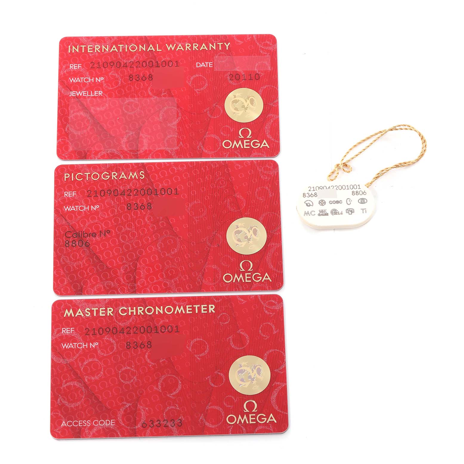 The image shows three Omega Seamaster 210.90.42.20.01.001 Men's Titanium Brown Dial 210.90.42.20.01.001 Men's Titanium Brown Dial model cards: International Warranty, Pictograms, and Master Chronometer, along with a small Omega tag.