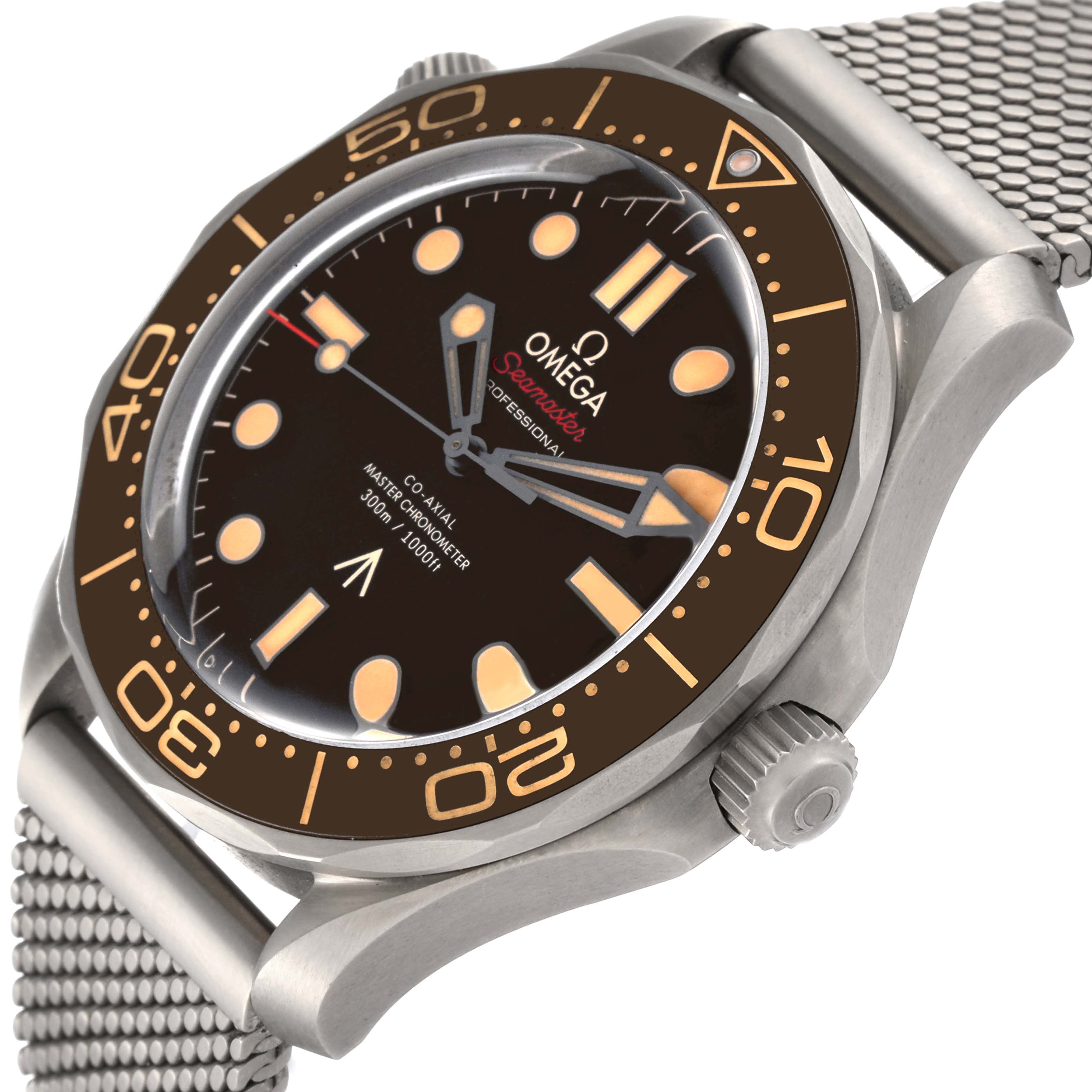The image shows an angled view of the dial, bezel, and mesh bracelet of the Omega Seamaster 210.90.42.20.01.001 Men's Titanium Brown Dial 210.90.42.20.01.001 Men's Titanium Brown Dial watch.