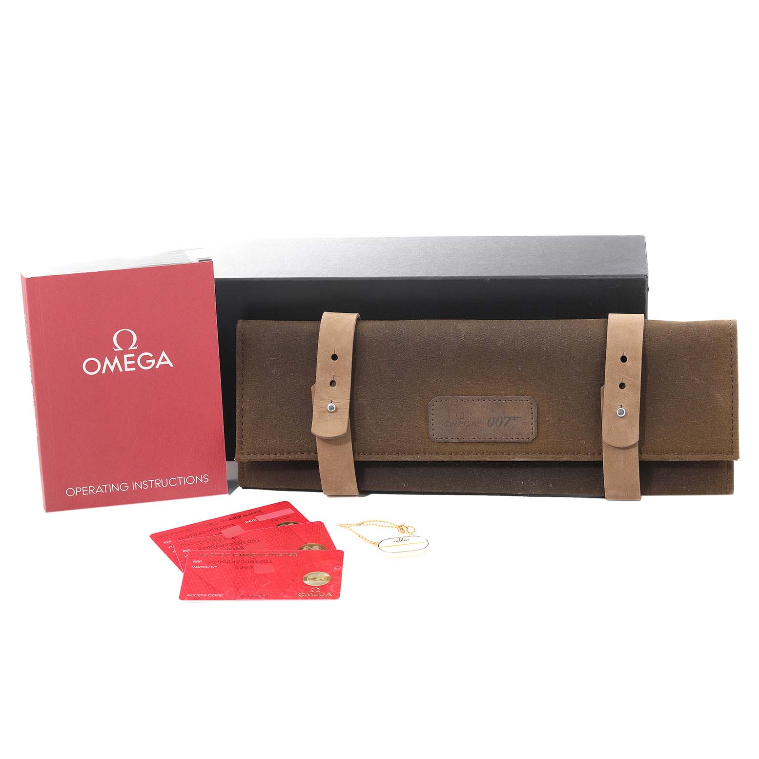 The image shows accessories for an Omega Seamaster 210.90.42.20.01.001 Men's Titanium Brown Dial 210.90.42.20.01.001 Men's Titanium Brown Dial, including a brown travel pouch, operating instructions, warranty cards, and a black box.