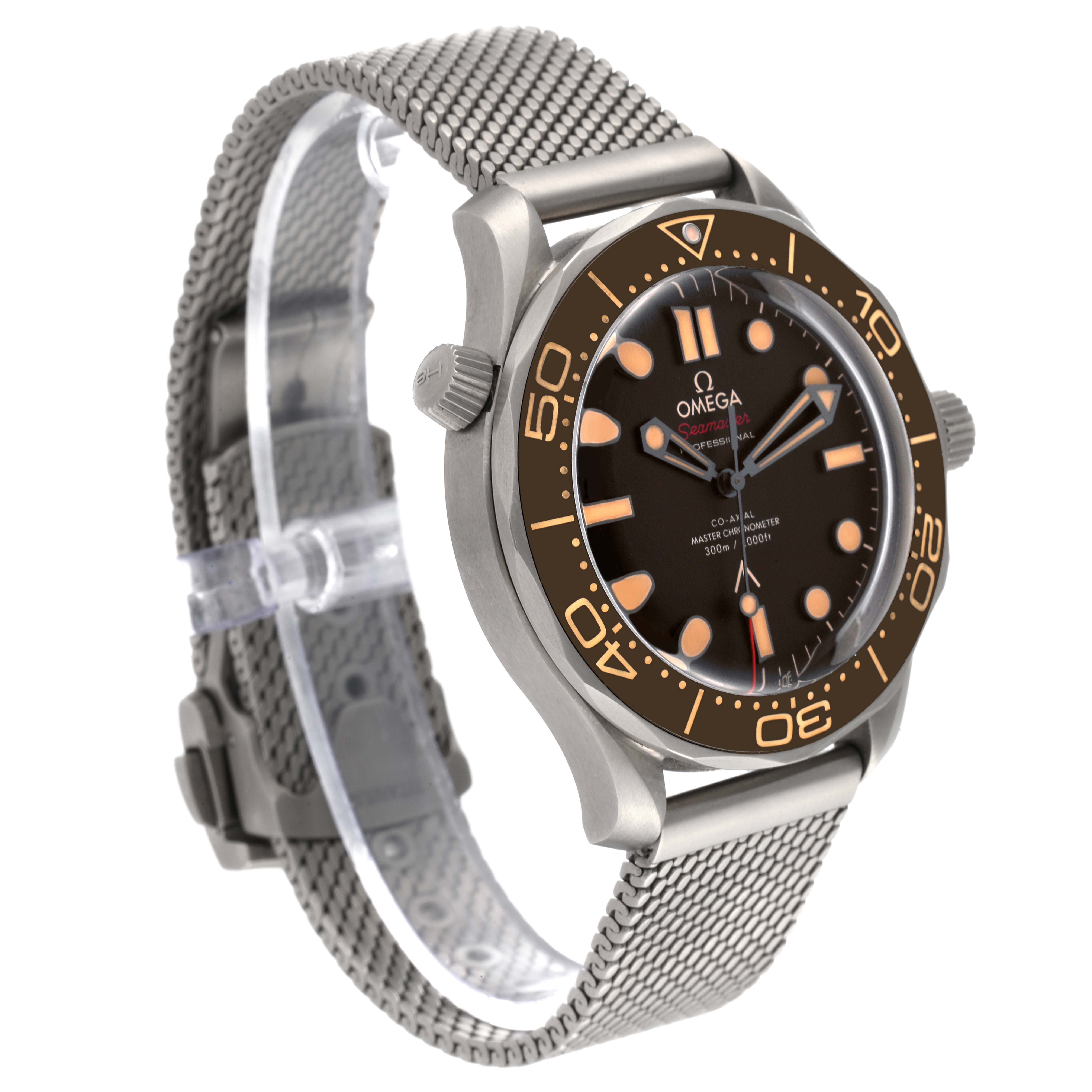 This image shows a side angle of the Omega Seamaster 210.90.42.20.01.001 Men's Titanium Brown Dial 210.90.42.20.01.001 Men's Titanium Brown Dial watch, highlighting its dial, bezel, and metal mesh strap.