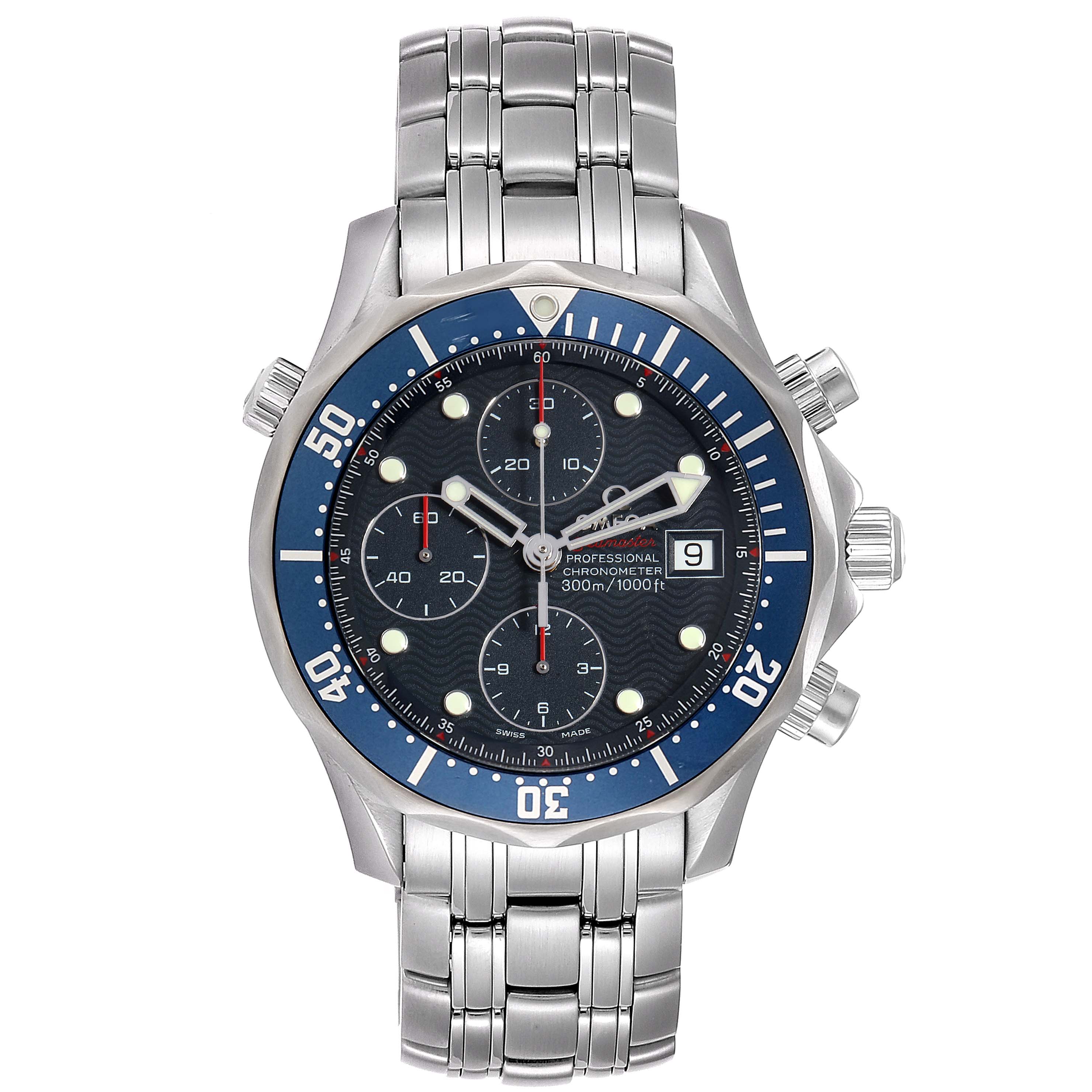 The image shows a front view of an Omega Seamaster 2225.80.00 Men
s Stainless Steel Blue Dial 2225.80.00 Men
s Stainless Steel Blue Dial watch, displaying the dial, bezel, chronograph subdials, date window, and stainless steel bracelet.