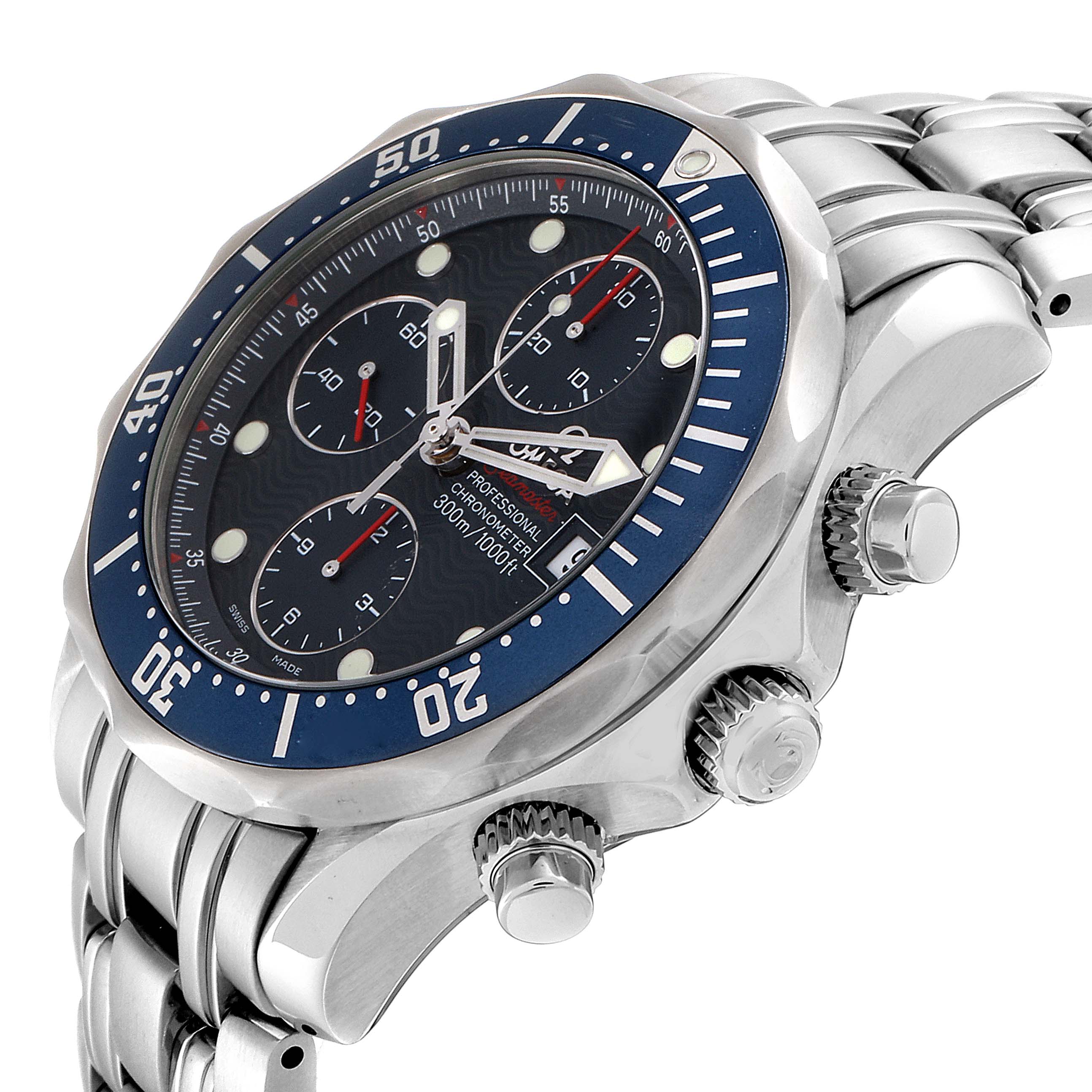 The image shows a side angle of the Omega Seamaster 2225.80.00 Men
s Stainless Steel Blue Dial 2225.80.00 Men
s Stainless Steel Blue Dial watch, highlighting the face, bezel, stainless steel band, and crown.