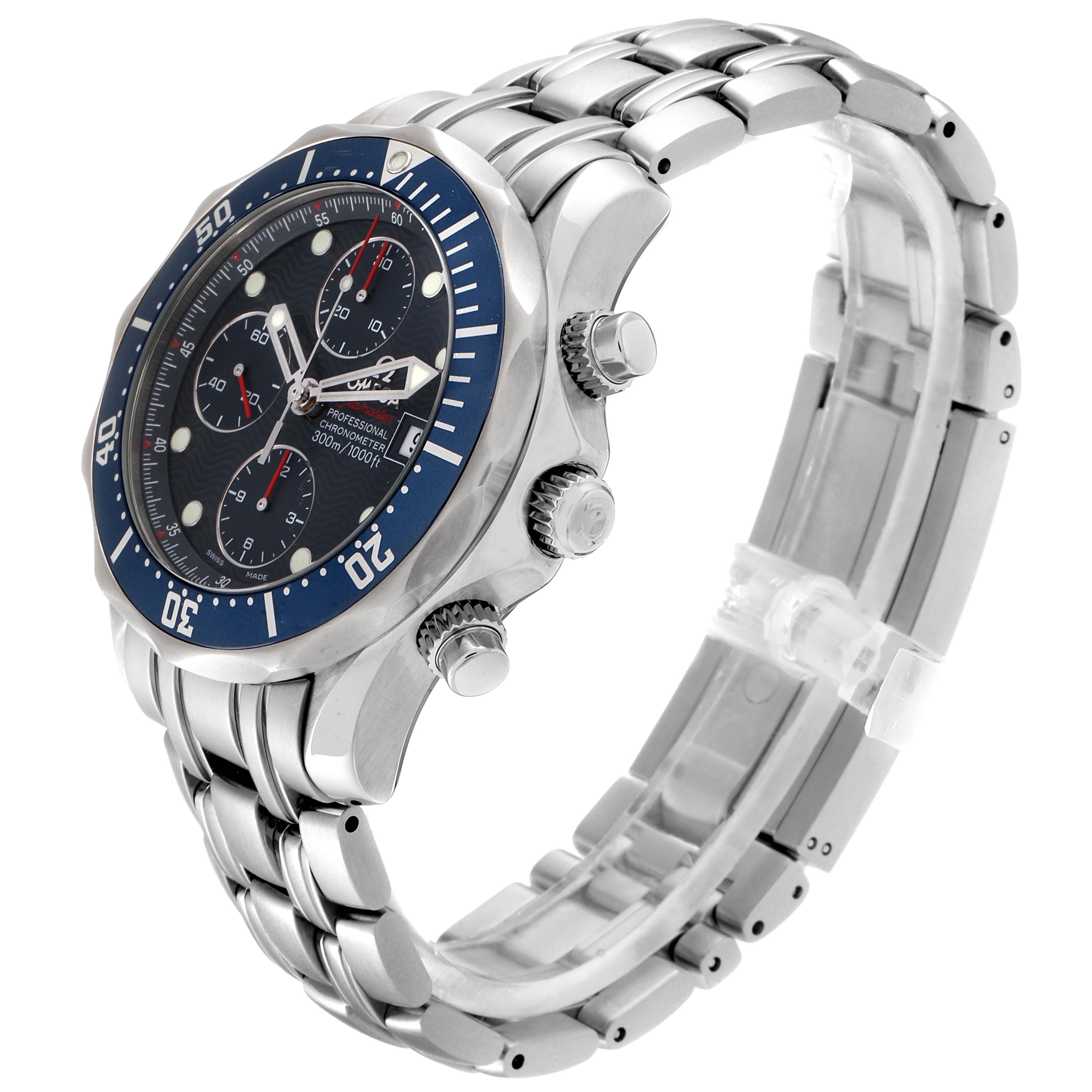 The image shows an angled side view of the Omega Seamaster 2225.80.00 Men
s Stainless Steel Blue Dial 2225.80.00 Men
s Stainless Steel Blue Dial watch, highlighting its bracelet, case, bezel, and crown.