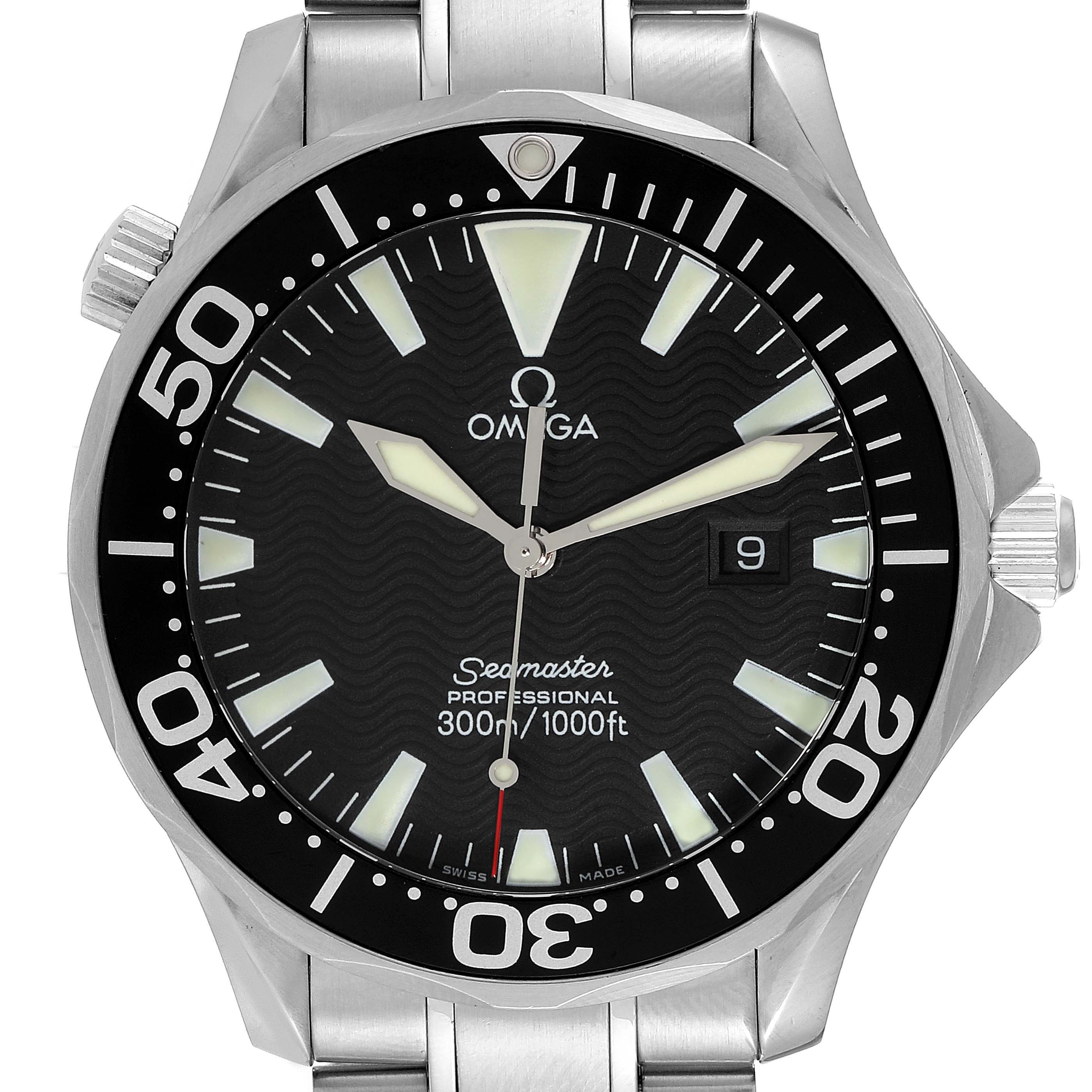 The image shows a front view of an Omega Seamaster 2264.50.00 Men's Stainless Steel Black Dial 2264.50.00 Men's Stainless Steel Black Dial watch, highlighting its dial, hands, bezel, crown, and part of the bracelet.