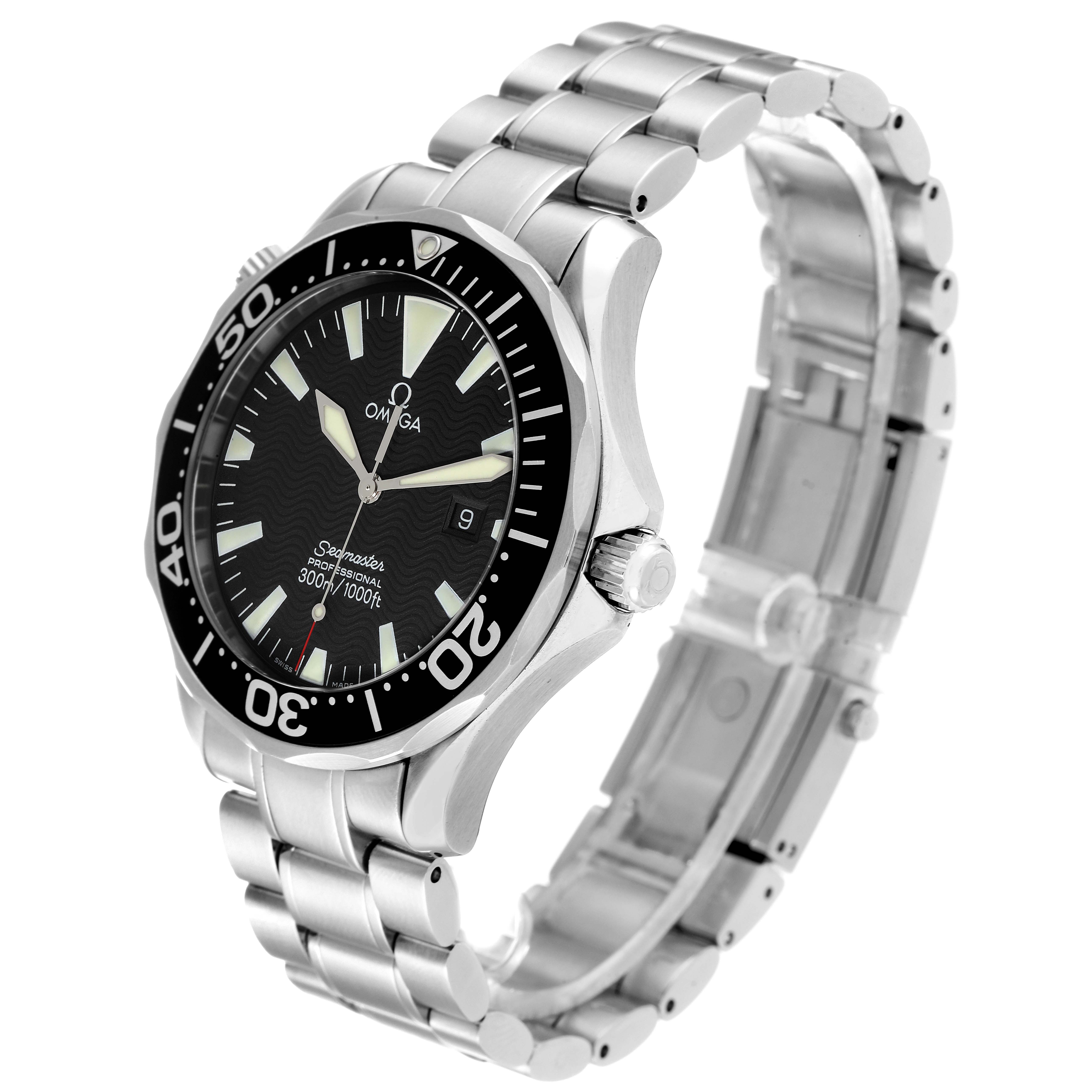 The image features an Omega Seamaster 2264.50.00 Men's Stainless Steel Black Dial 2264.50.00 Men's Stainless Steel Black Dial watch at an oblique angle, showcasing its dial, bezel, crown, and bracelet.
