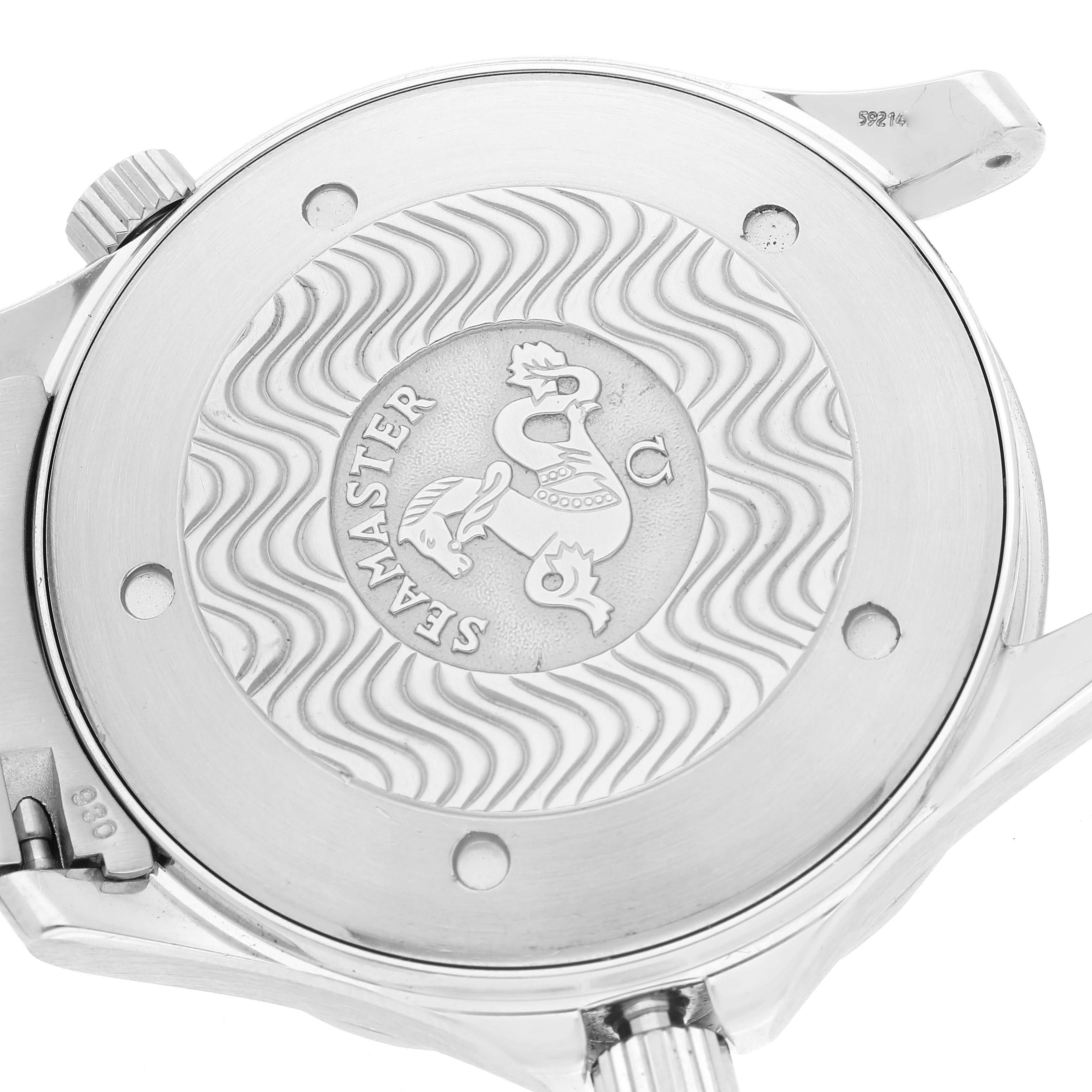 The image shows the back case of the Omega Seamaster 2264.50.00 Men's Stainless Steel Black Dial 2264.50.00 Men's Stainless Steel Black Dial watch, featuring its engraved design and branding.