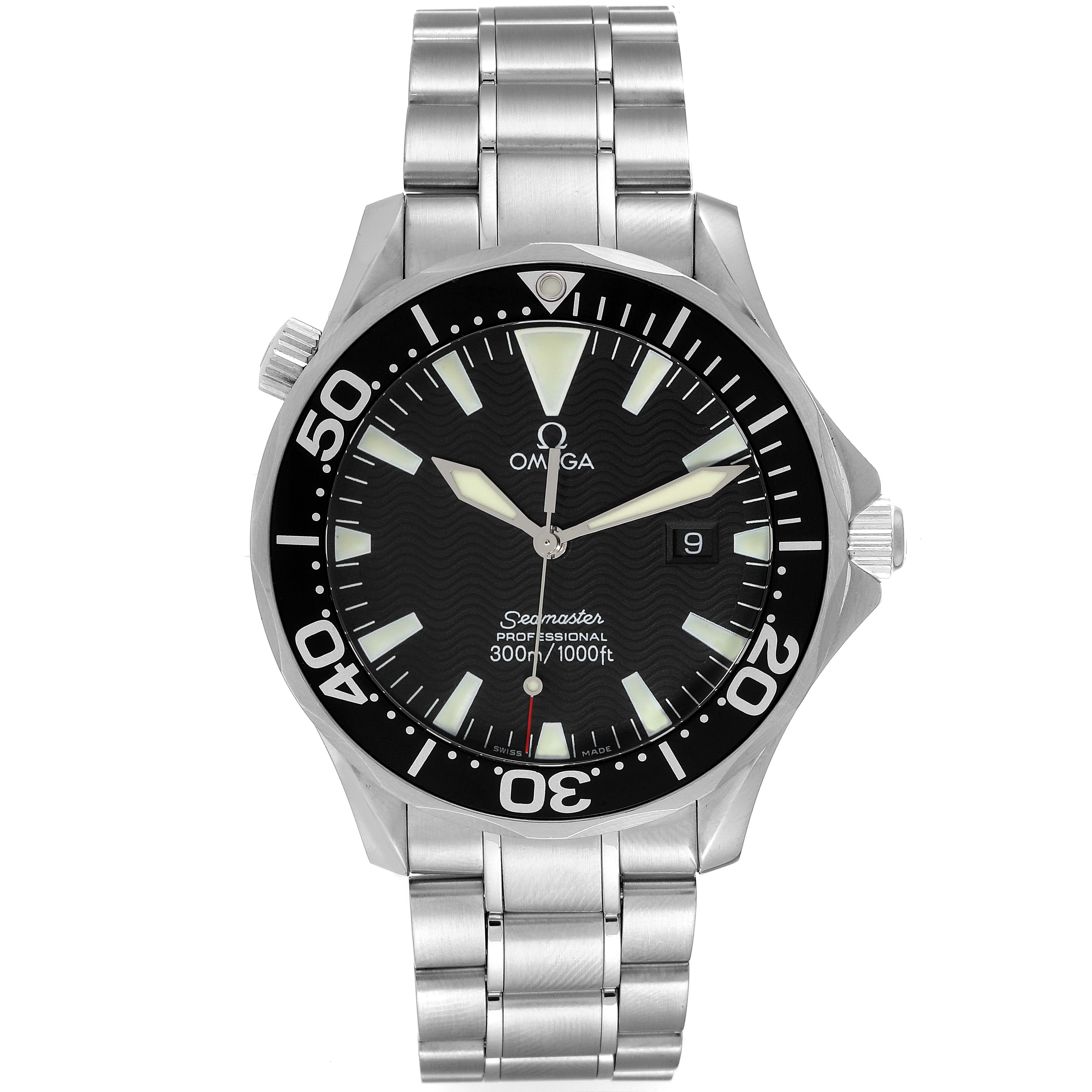 The image shows a front view of the Omega Seamaster 2264.50.00 Men's Stainless Steel Black Dial 2264.50.00 Men's Stainless Steel Black Dial watch, displaying its face, bezel, dial, and stainless steel band.