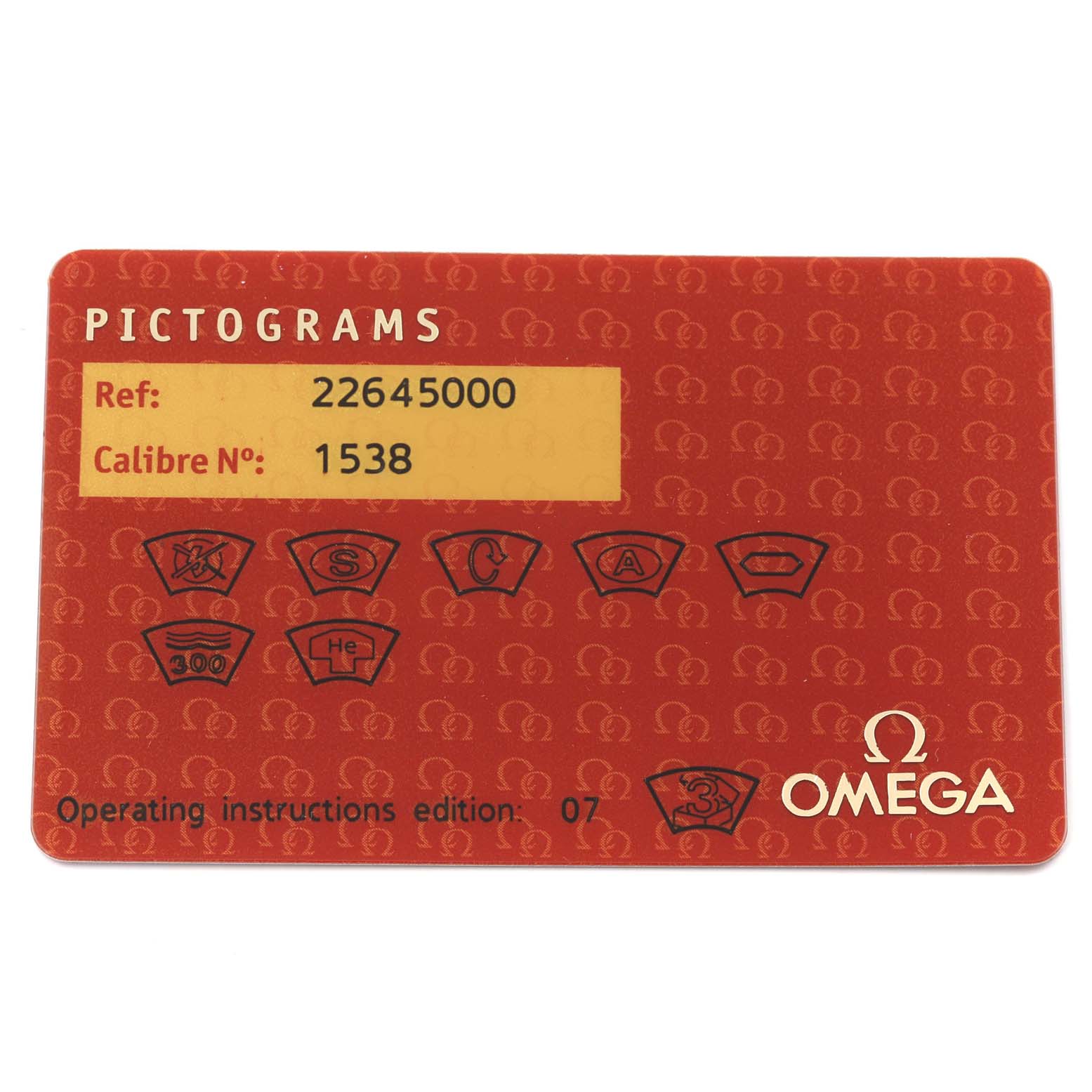 This image shows an identification card for an Omega Seamaster 2264.50.00 Men's Stainless Steel Black Dial 2264.50.00 Men's Stainless Steel Black Dial watch, displaying reference and calibre numbers along with various pictograms.