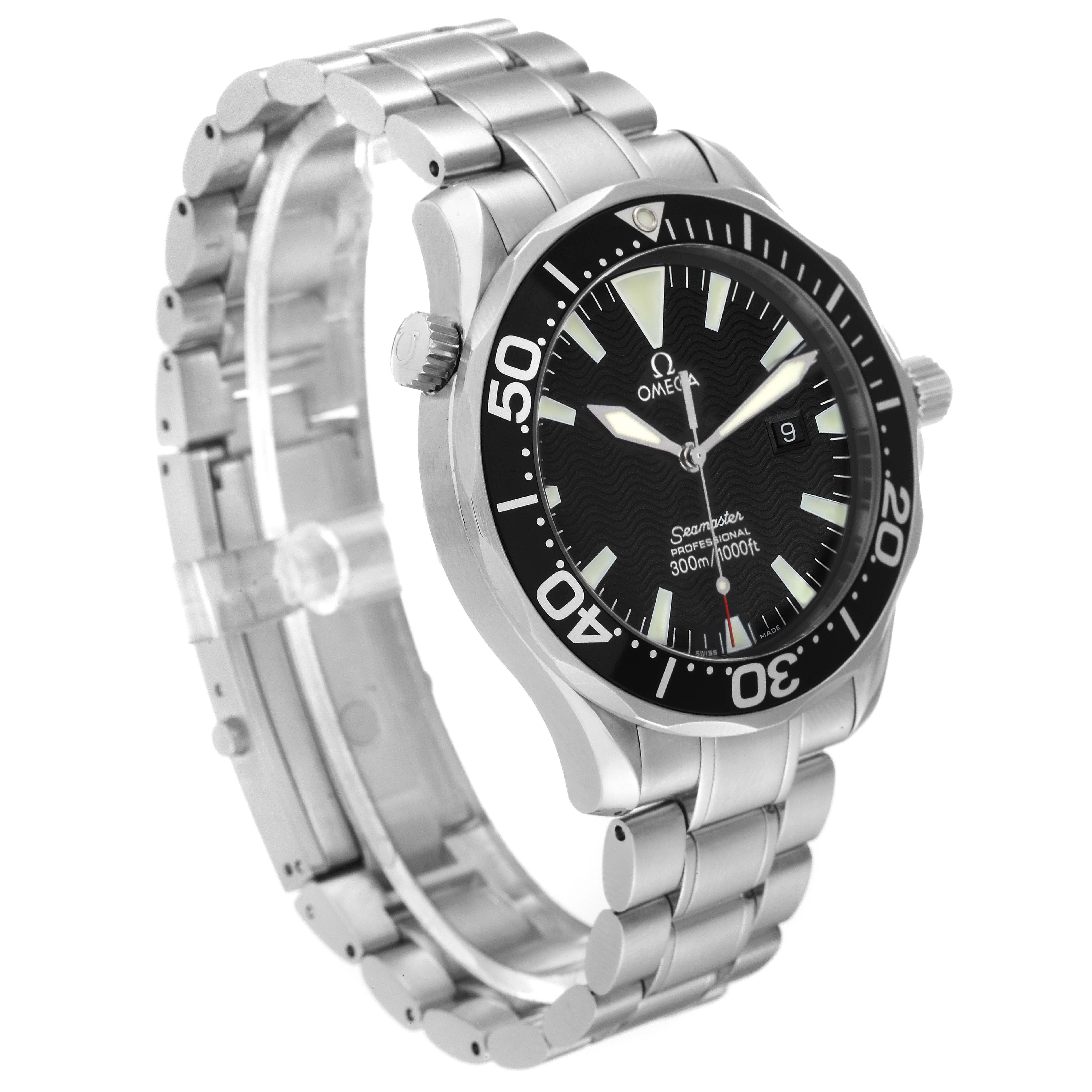 The image shows an Omega Seamaster 2264.50.00 Men's Stainless Steel Black Dial 2264.50.00 Men's Stainless Steel Black Dial watch from a side angle, highlighting its bezel, dial, crown, and bracelet.