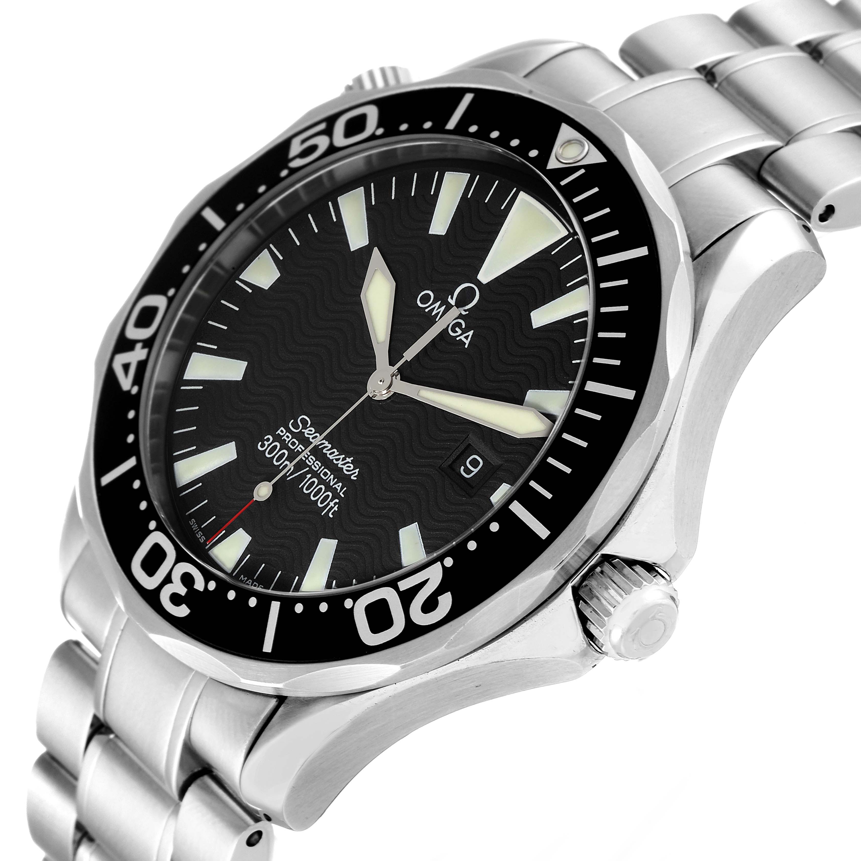 The image shows an Omega Seamaster 2264.50.00 Men's Stainless Steel Black Dial 2264.50.00 Men's Stainless Steel Black Dial watch at an angled side view, highlighting its bezel, dial, crown, and stainless steel bracelet.