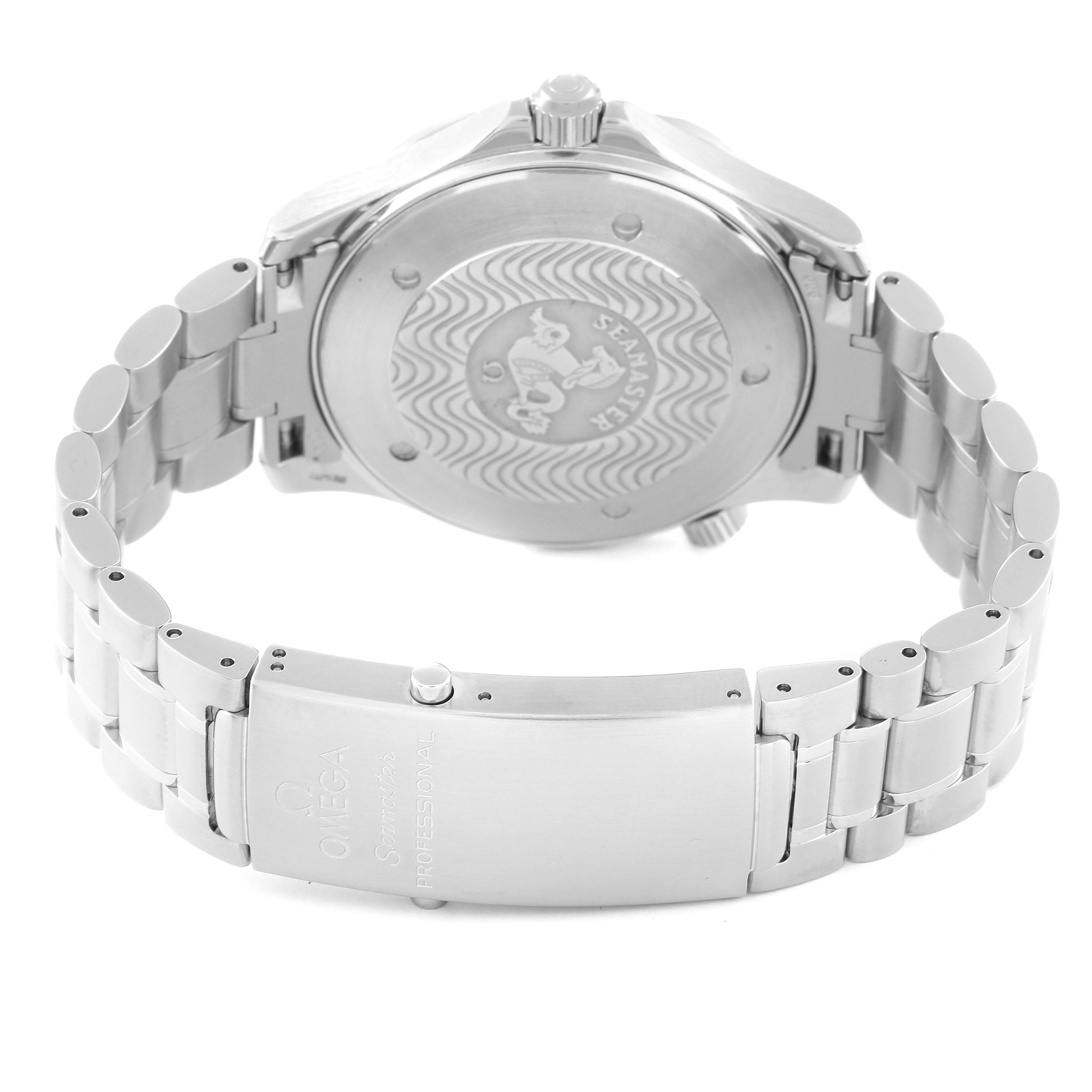 The image shows the back and clasp of the Omega Seamaster 2264.50.00 Men's Stainless Steel Black Dial 2264.50.00 Men's Stainless Steel Black Dial watch, highlighting its stainless steel bracelet and engraved case back.