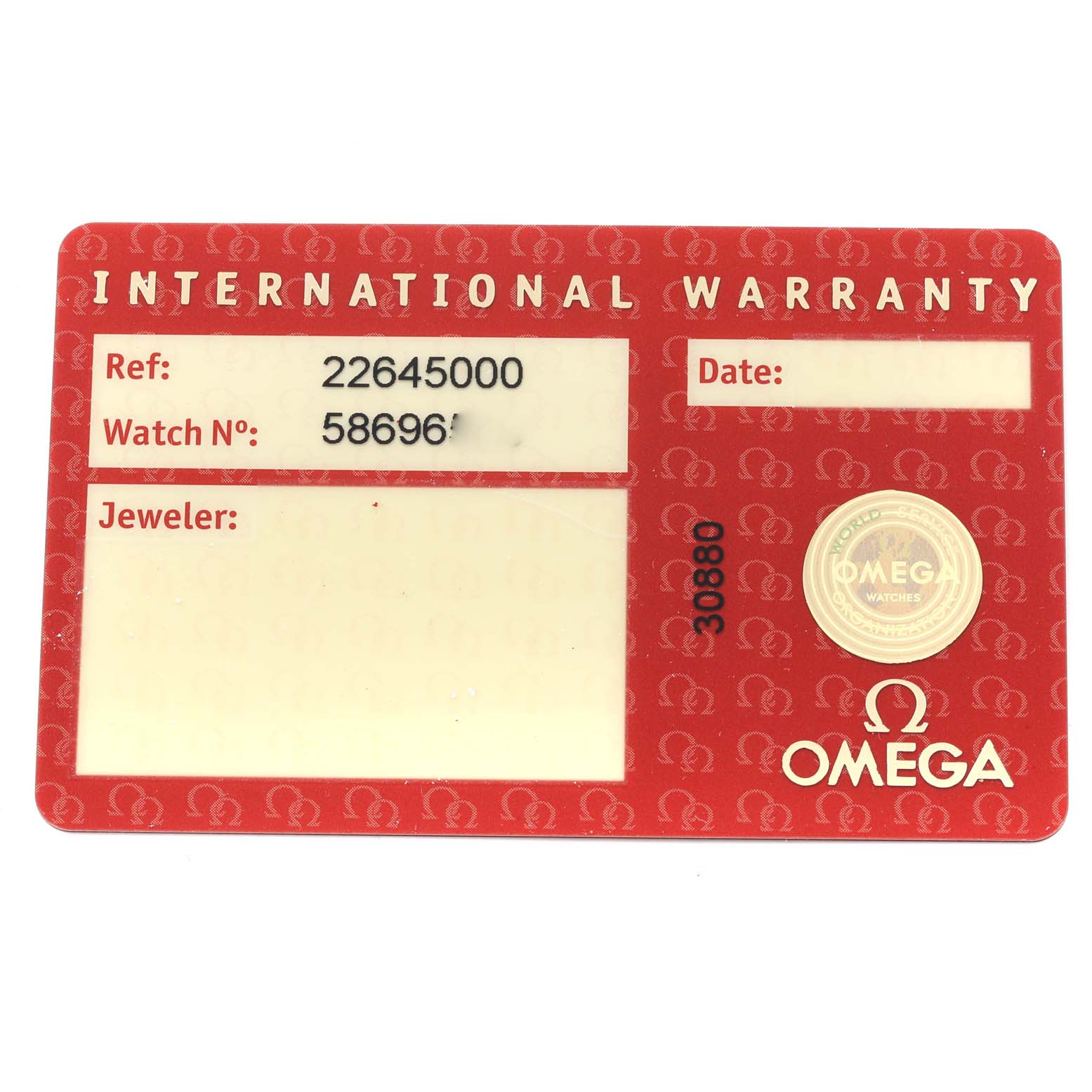 The image shows the international warranty card for an Omega Seamaster 2264.50.00 Men's Stainless Steel Black Dial 2264.50.00 Men's Stainless Steel Black Dial watch.