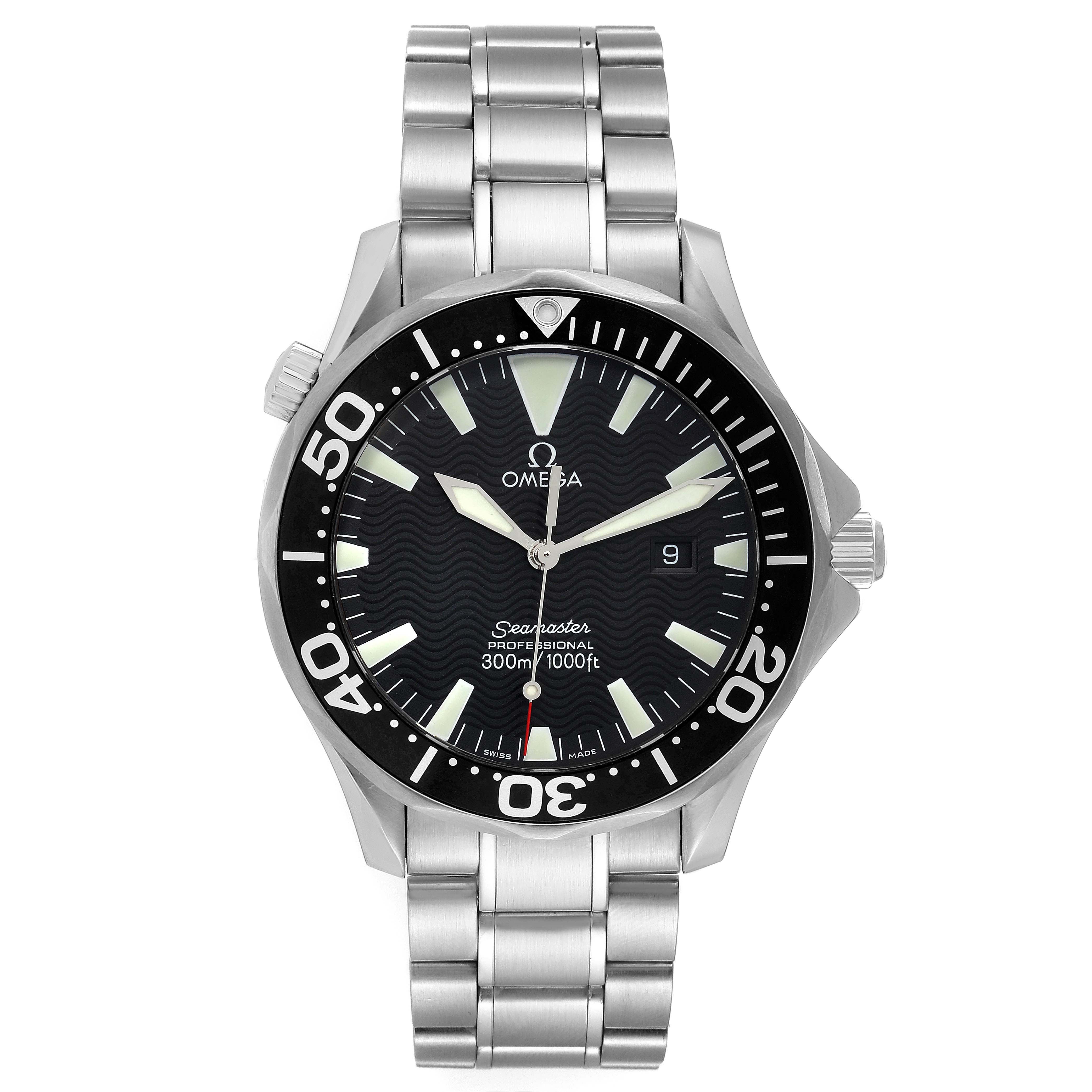 This image shows a front view of an Omega Seamaster 2264.50.00 Men's Stainless Steel Black Dial 2264.50.00 Men's Stainless Steel Black Dial watch, highlighting the bezel, dial, hands, and stainless steel bracelet.