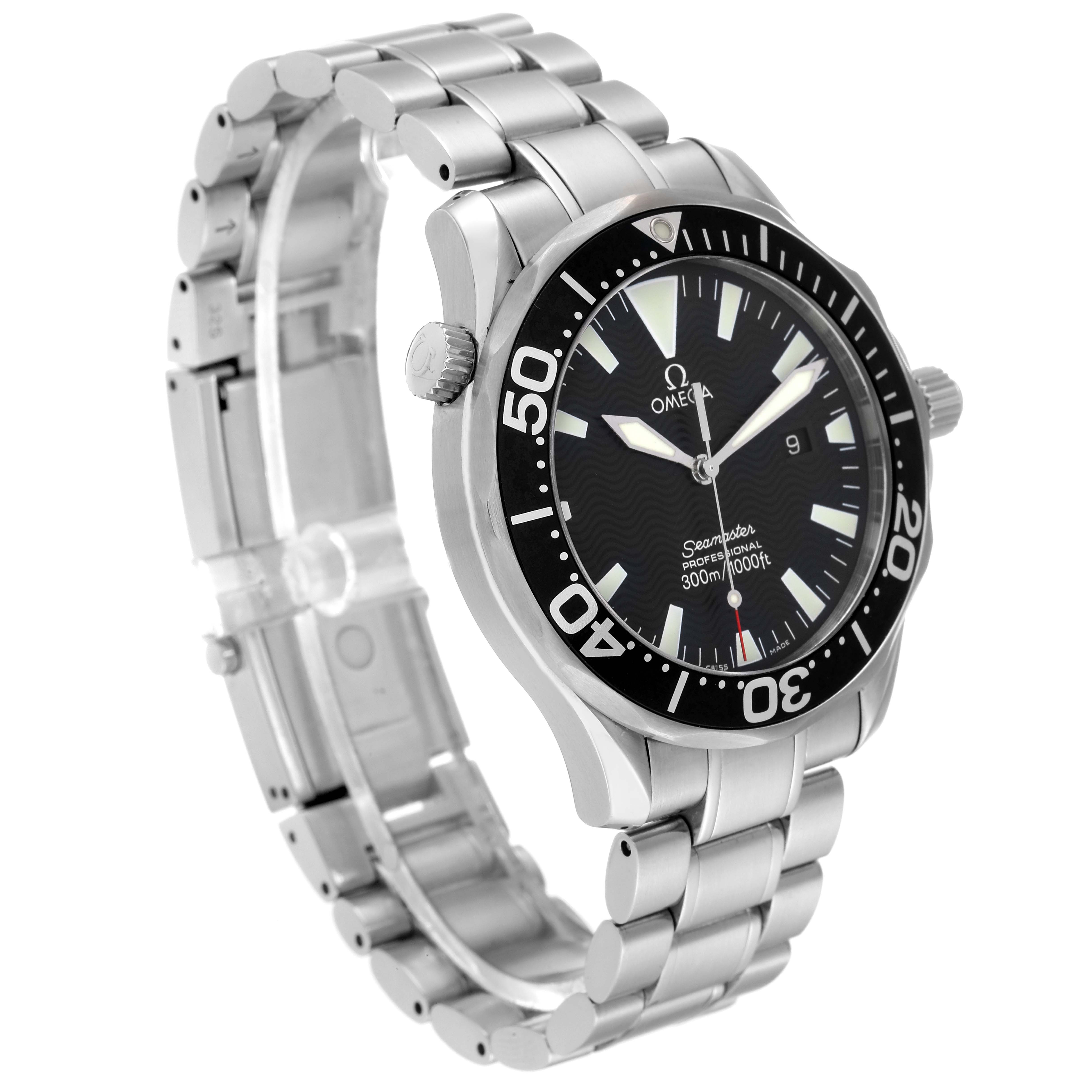 The Omega Seamaster 2264.50.00 Men's Stainless Steel Black Dial 2264.50.00 Men's Stainless Steel Black Dial watch is shown from a left-side angle, highlighting the case, bezel, dial, and bracelet.