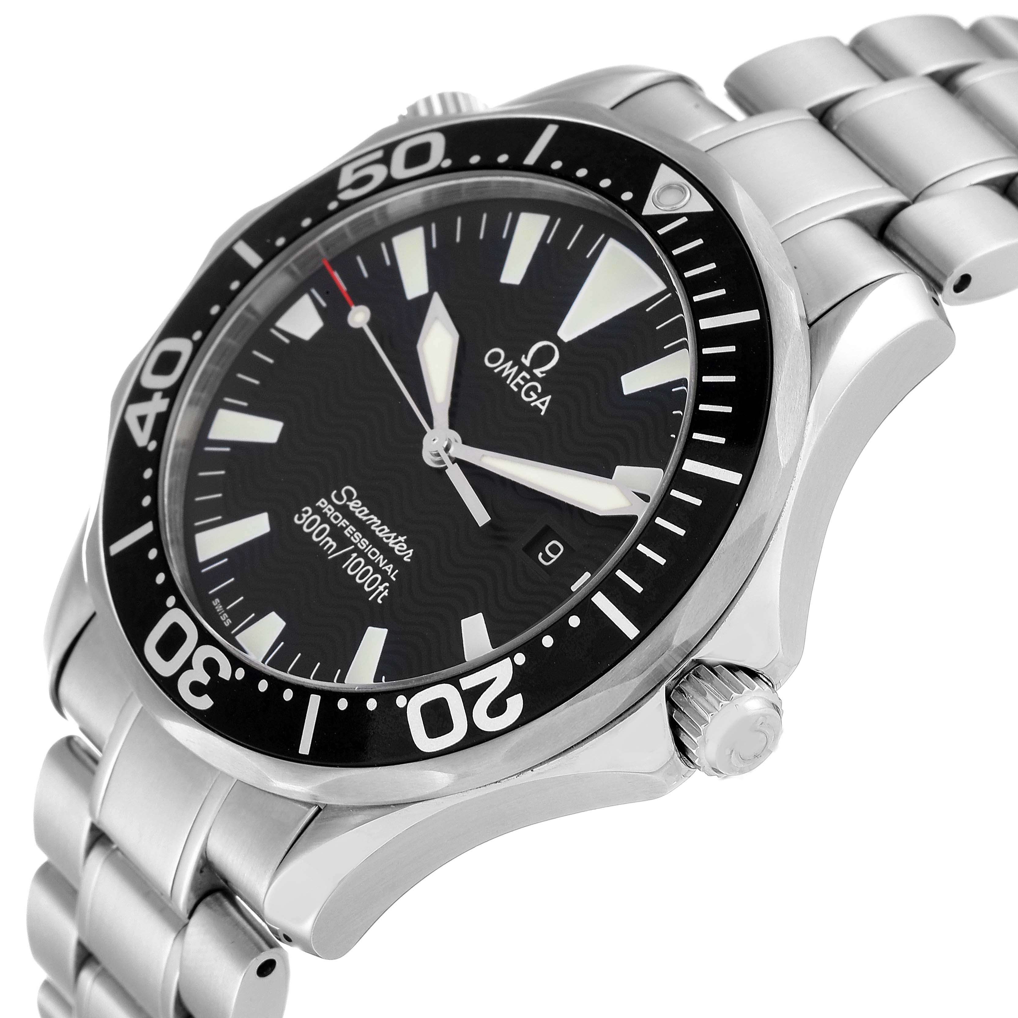 The image shows an angled view of an Omega Seamaster 2264.50.00 Men's Stainless Steel Black Dial 2264.50.00 Men's Stainless Steel Black Dial watch, highlighting its bezel, dial, and part of the bracelet.