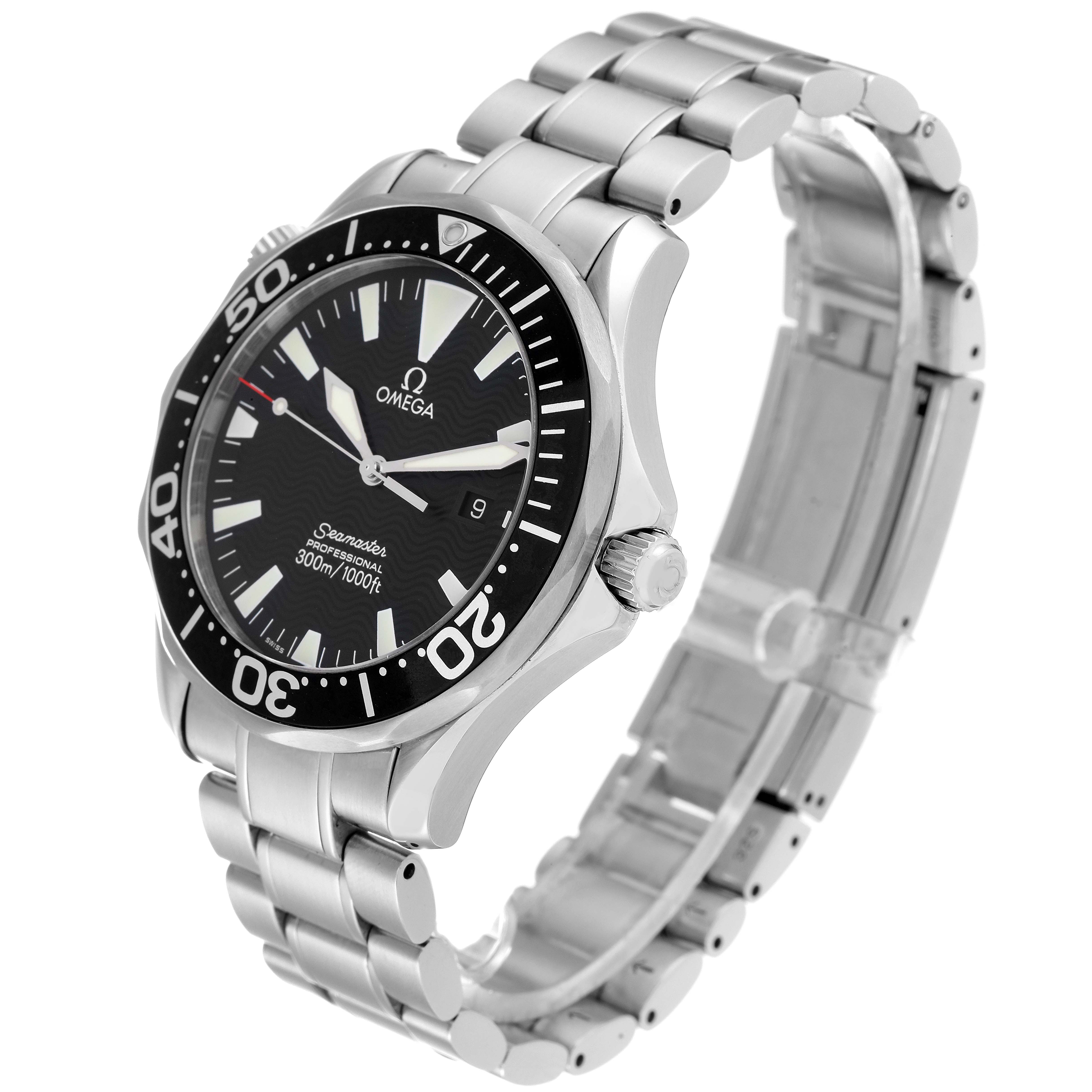 The Omega Seamaster 2264.50.00 Men's Stainless Steel Black Dial 2264.50.00 Men's Stainless Steel Black Dial watch is shown at an oblique angle, featuring the dial, bezel, crown, and stainless steel bracelet.