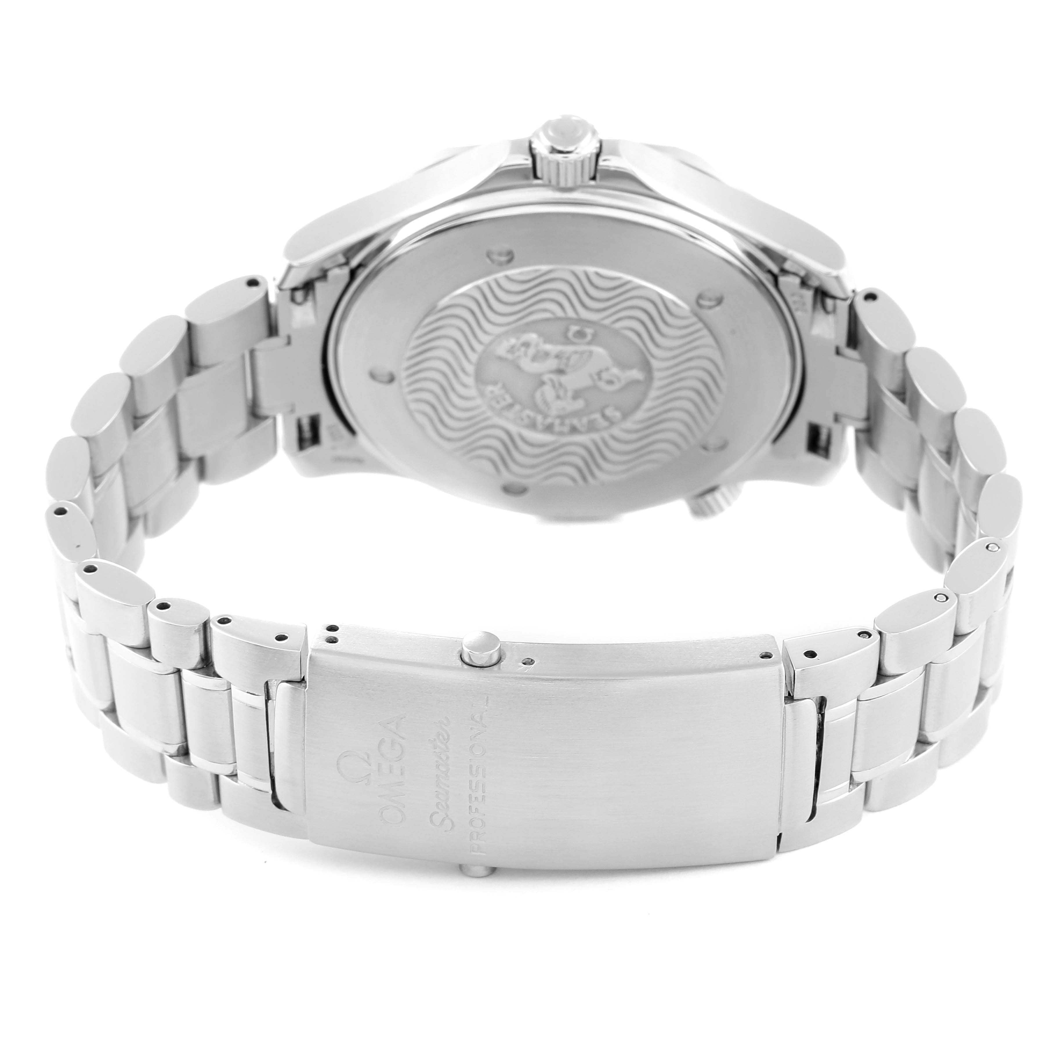 The image shows the back view of the Omega Seamaster 2264.50.00 Men's Stainless Steel Black Dial 2264.50.00 Men's Stainless Steel Black Dial watch, focusing on its case back and metal bracelet with the clasp.