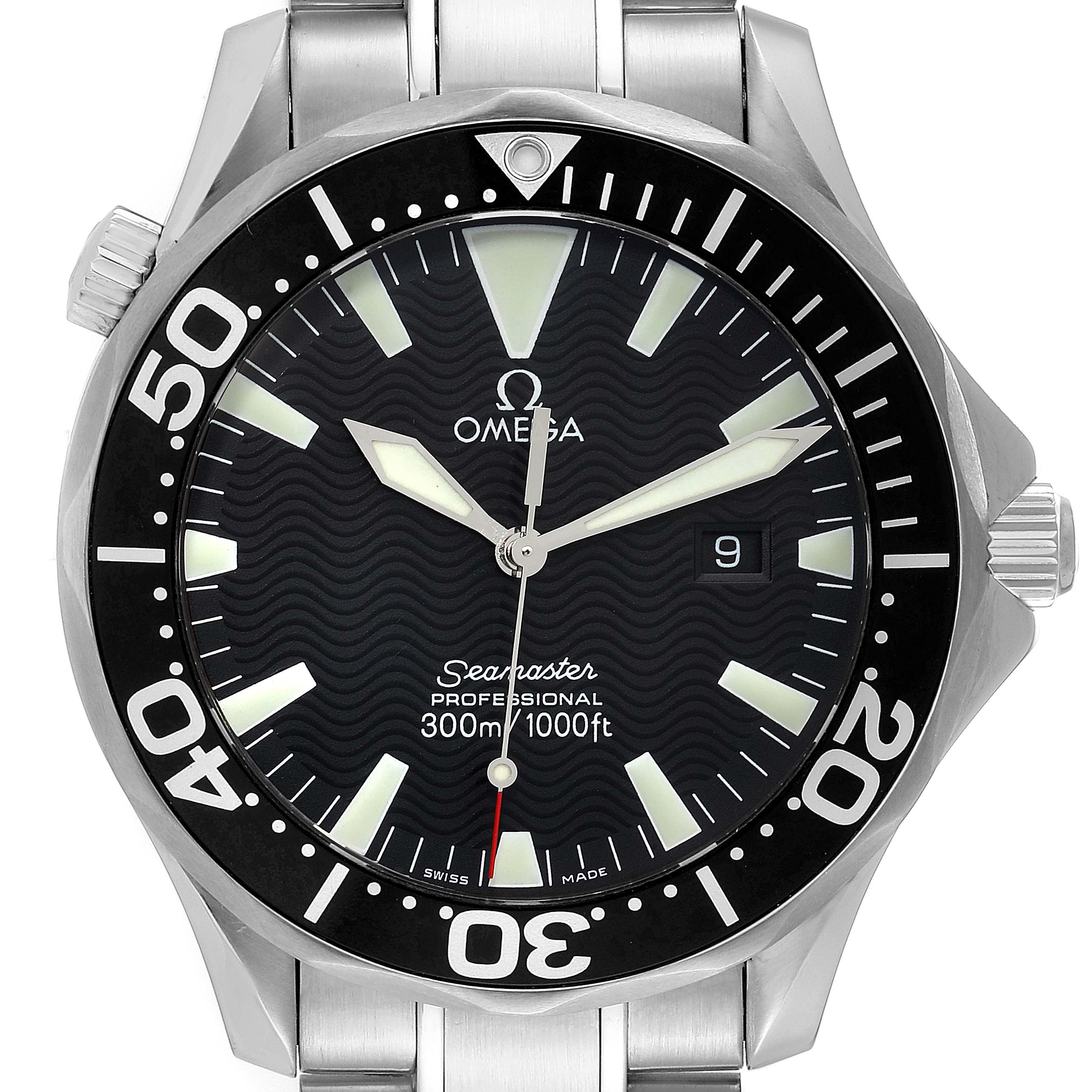 This is a front view of an Omega Seamaster 2264.50.00 Men's Stainless Steel Black Dial 2264.50.00 Men's Stainless Steel Black Dial watch, displaying the dial, bezel, and part of the bracelet.
