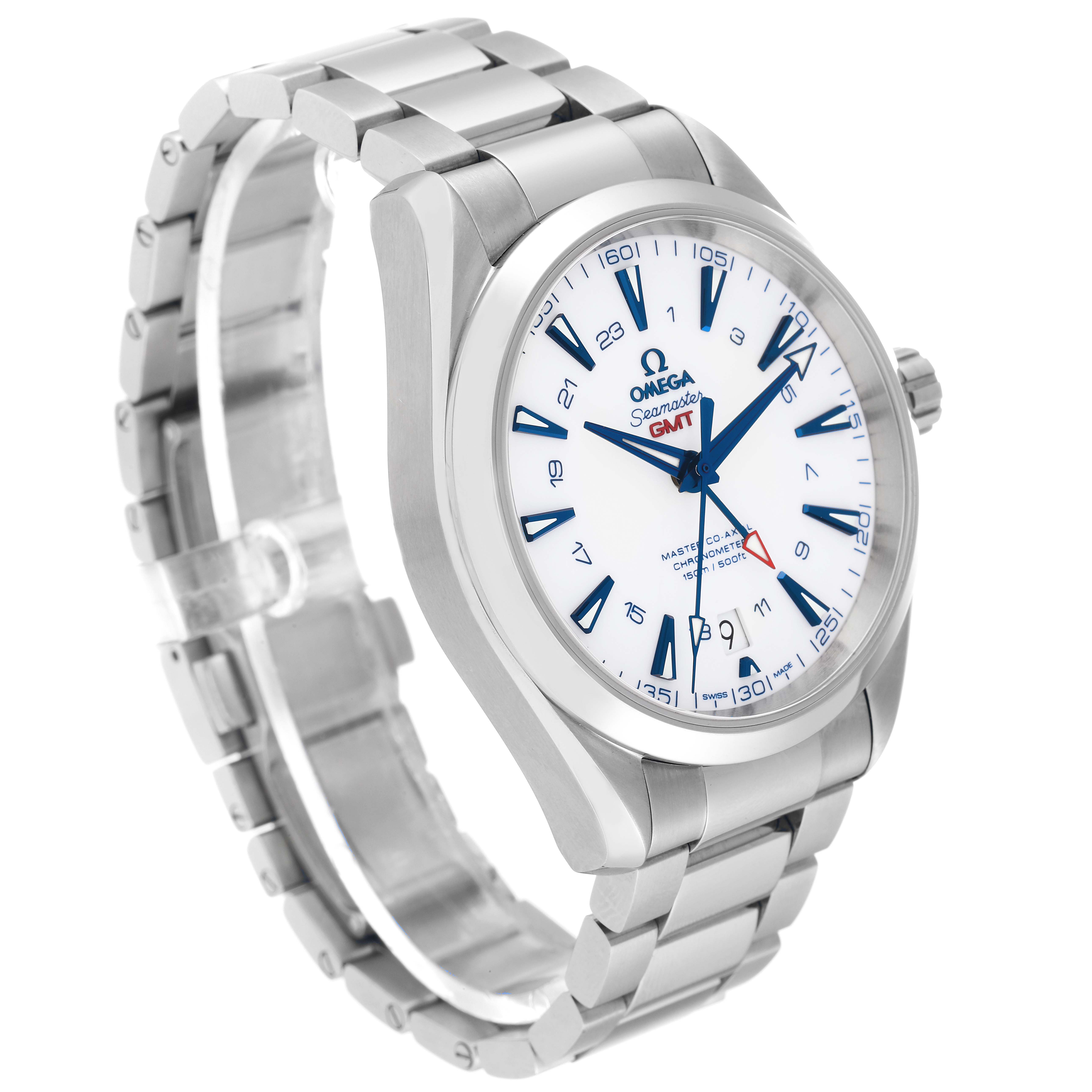 This Omega Aqua Terra 231.90.43.22.04.001 Men's Titanium White Dial 231.90.43.22.04.001 Men's Titanium White Dial watch is shown at a three-quarter angle, displaying the face, bezel, crown, and metal bracelet.